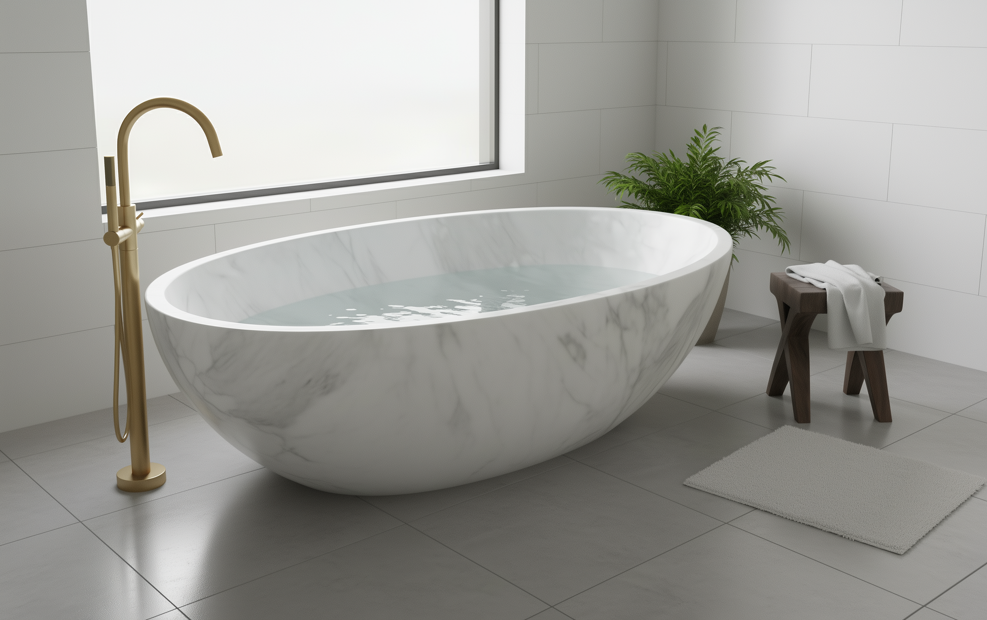 Modern bathroom with a freestanding marble bathtub, gold faucet, and wooden stool.