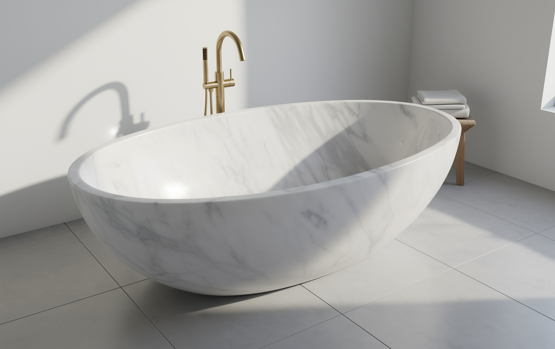 Marble bathtub with gold faucet in a modern bathroom