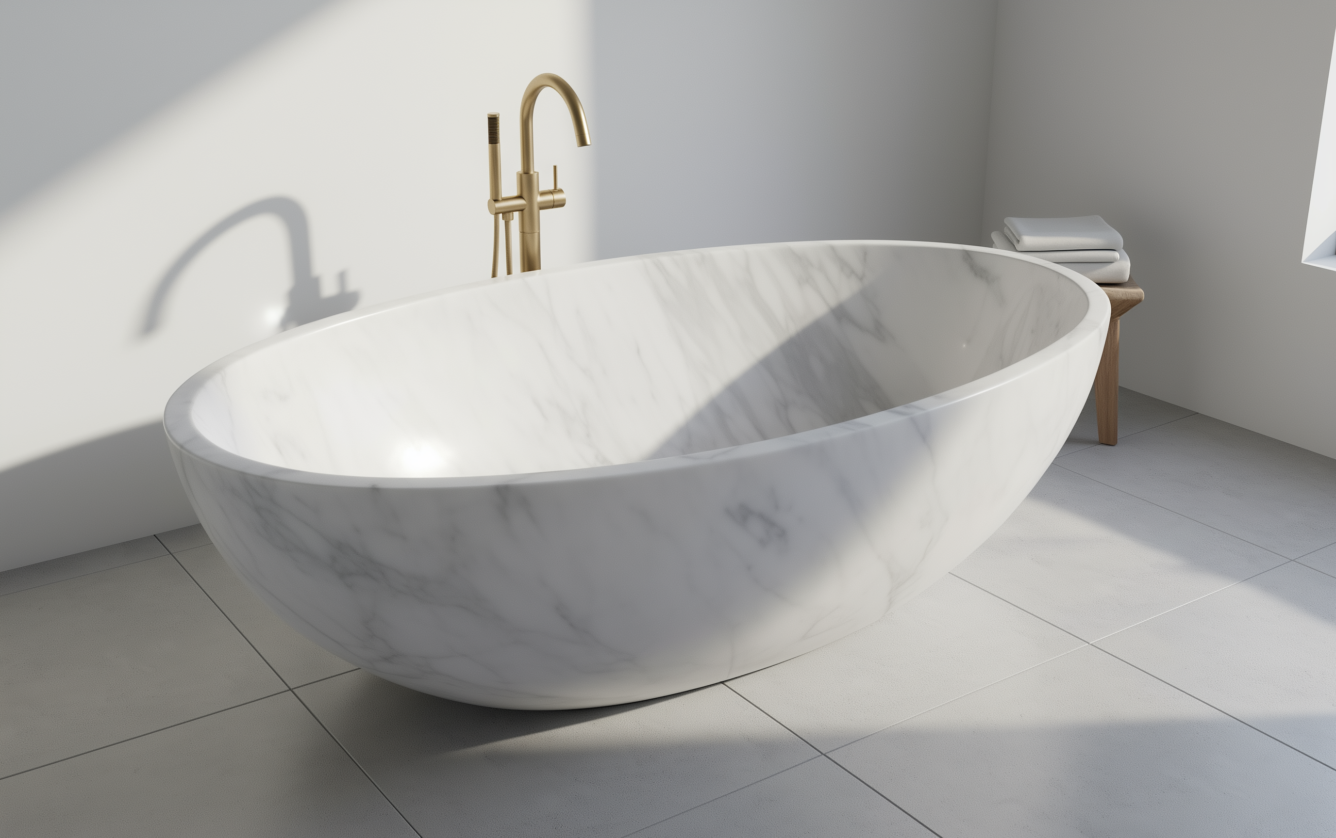 Marble bathtub with gold faucet in a modern bathroom