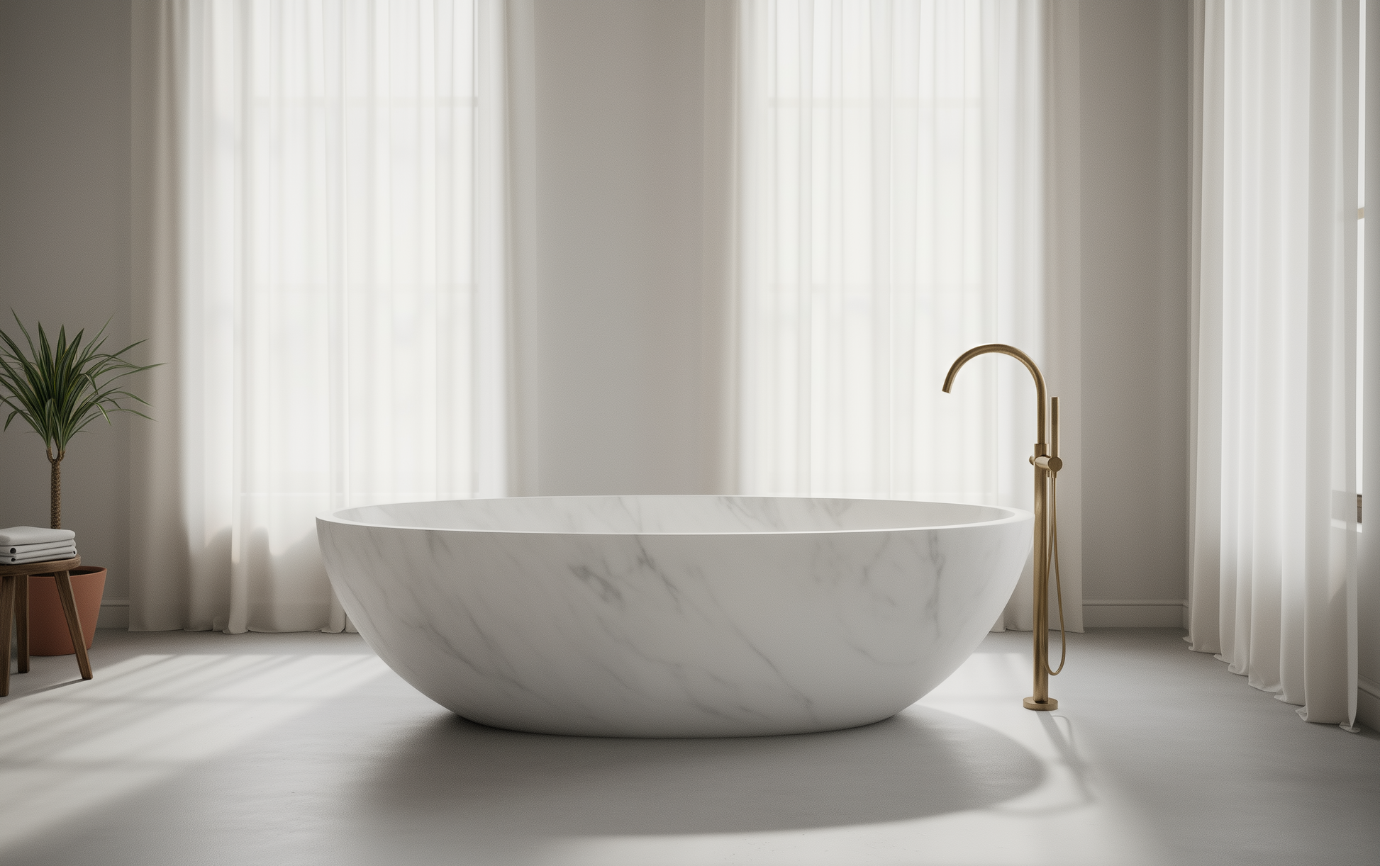 Marble bathtub in a bright bathroom with large windows and minimal decor.