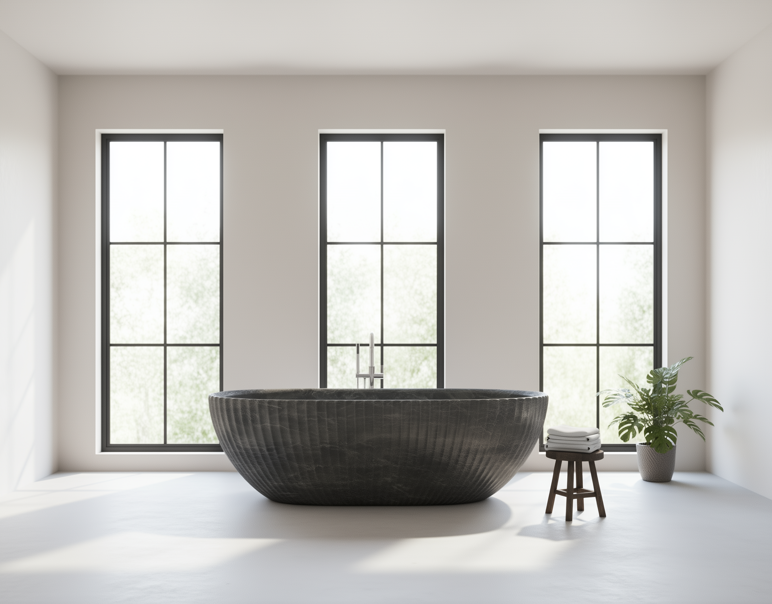 Modern bathroom with a freestanding bathtub in a bright room with large windows.