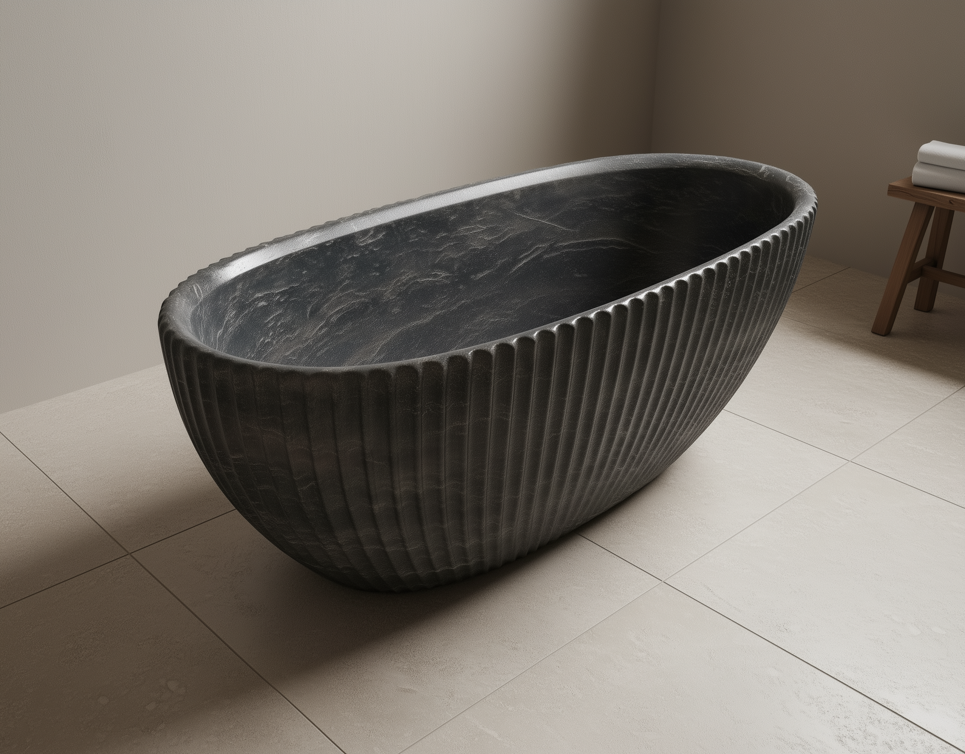 Black marble bathtub in a minimalistic bathroom setting