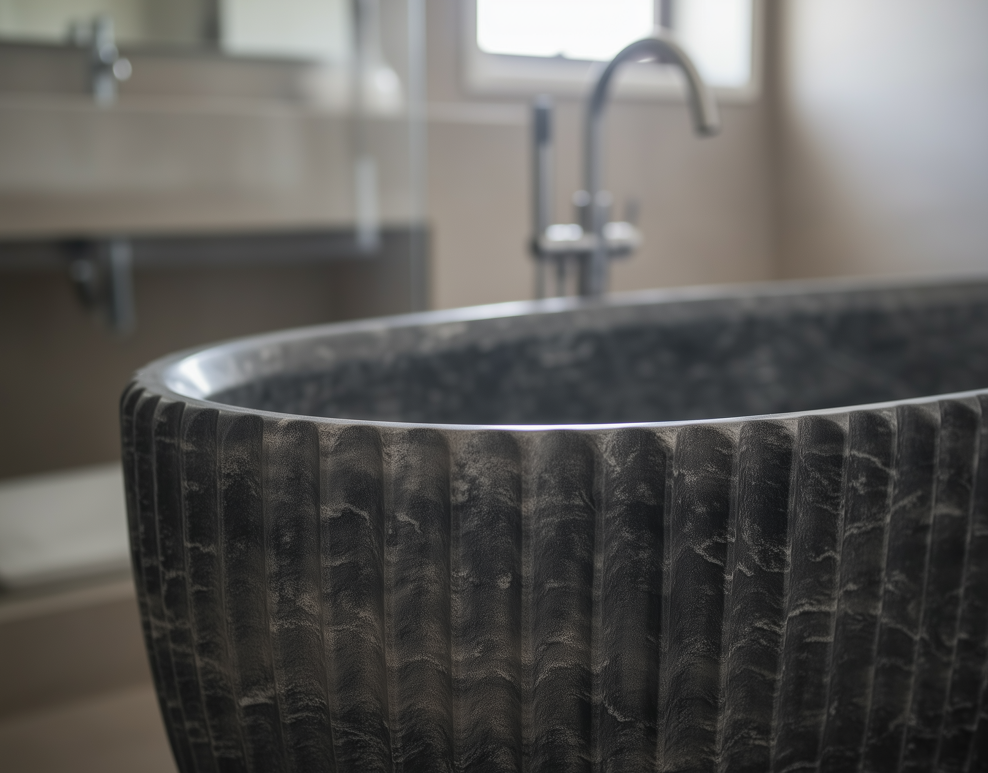 Black stone sink in a bathroom setting with blurred background