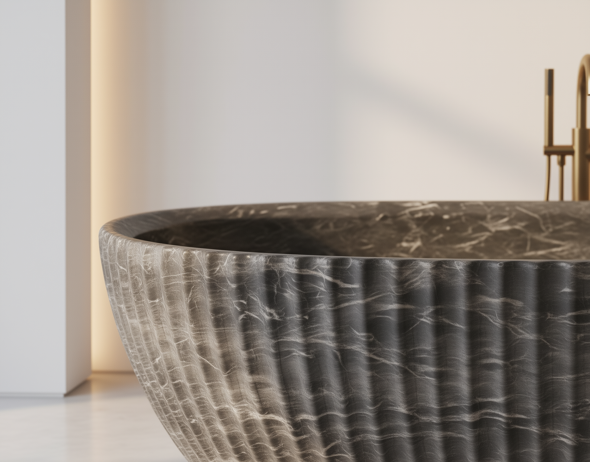 Marble-patterned stone basin on a light background