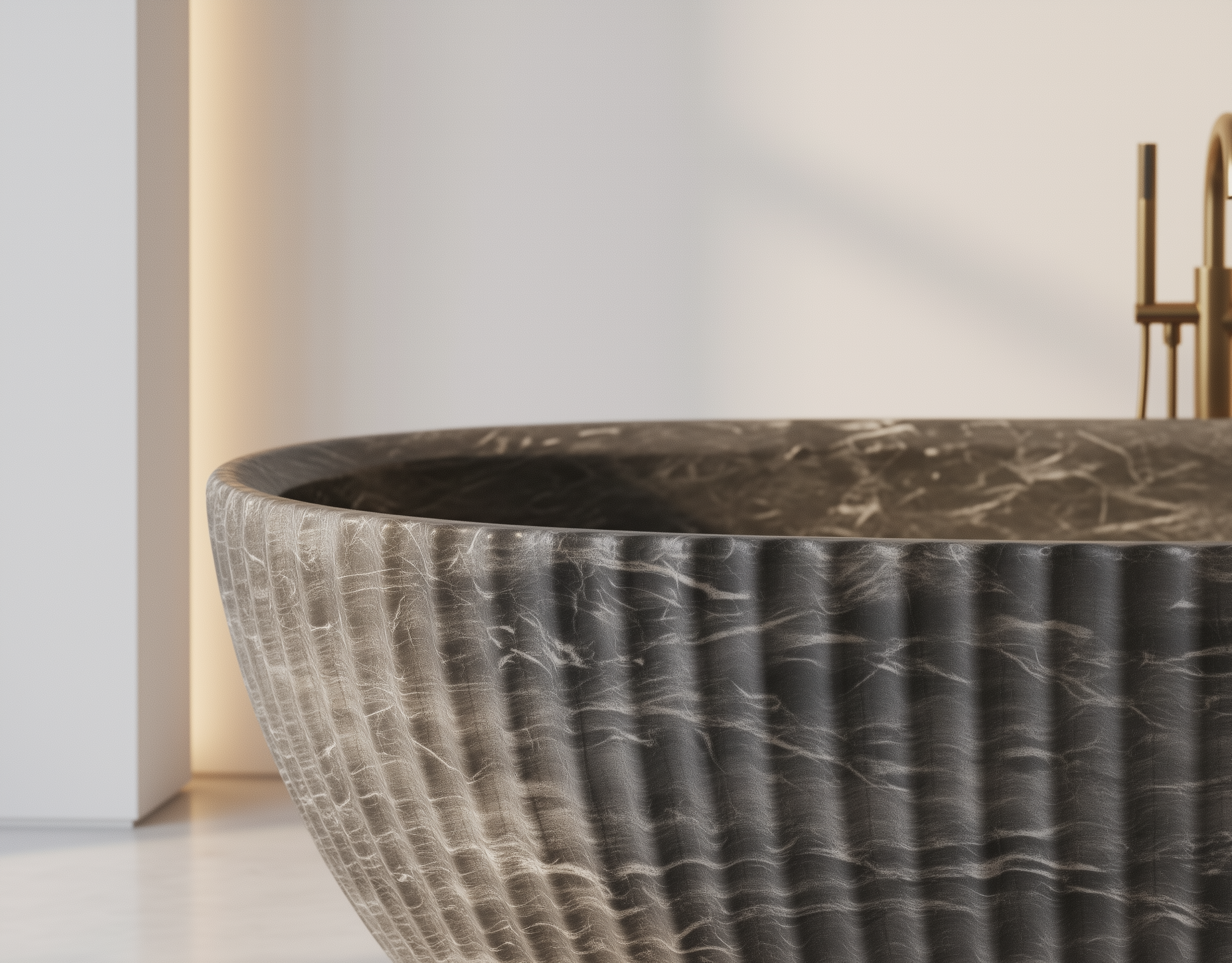 Marble-patterned stone basin on a light background