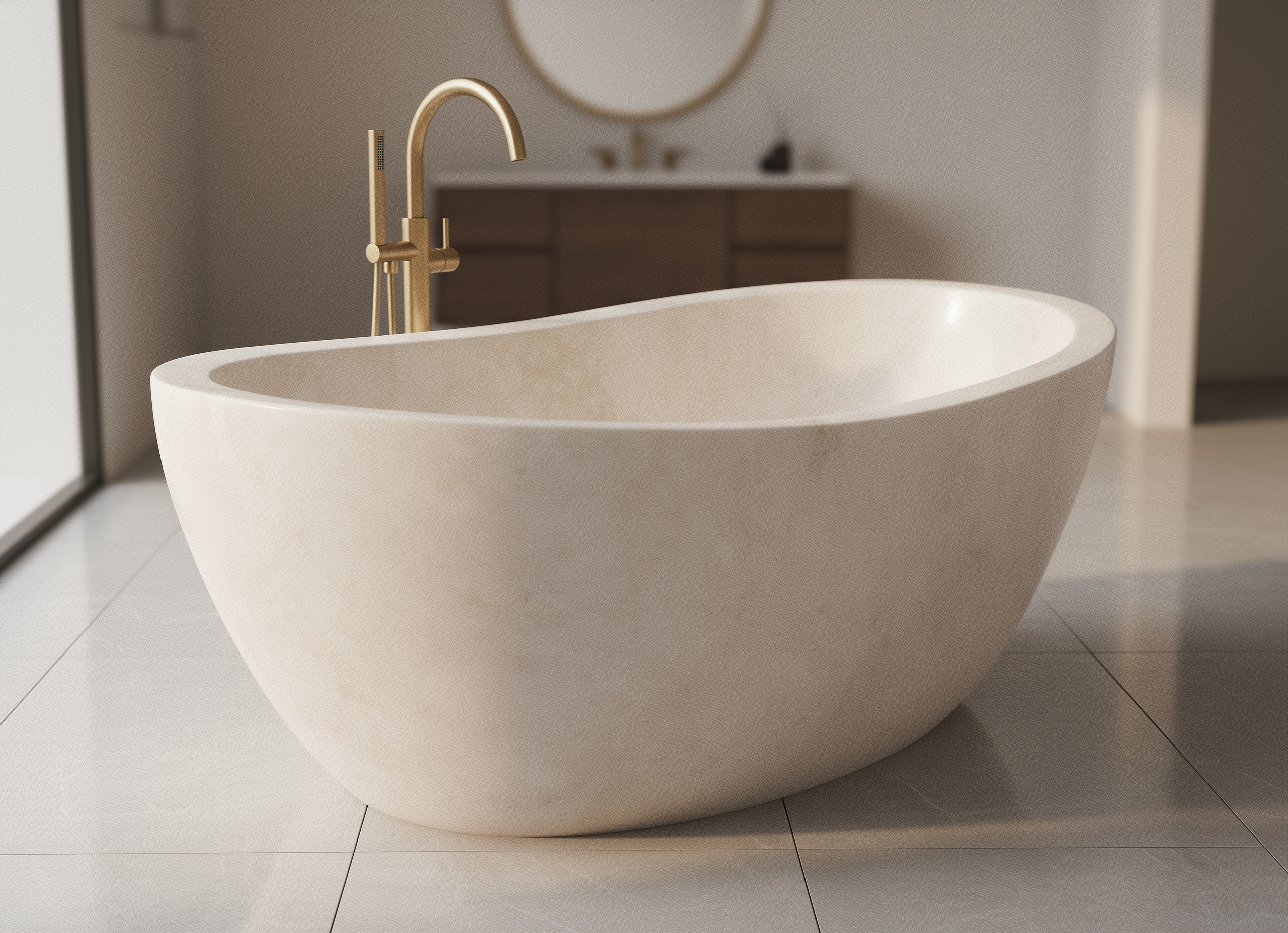 Beige freestanding bathtub with gold faucet in a modern bathroom
