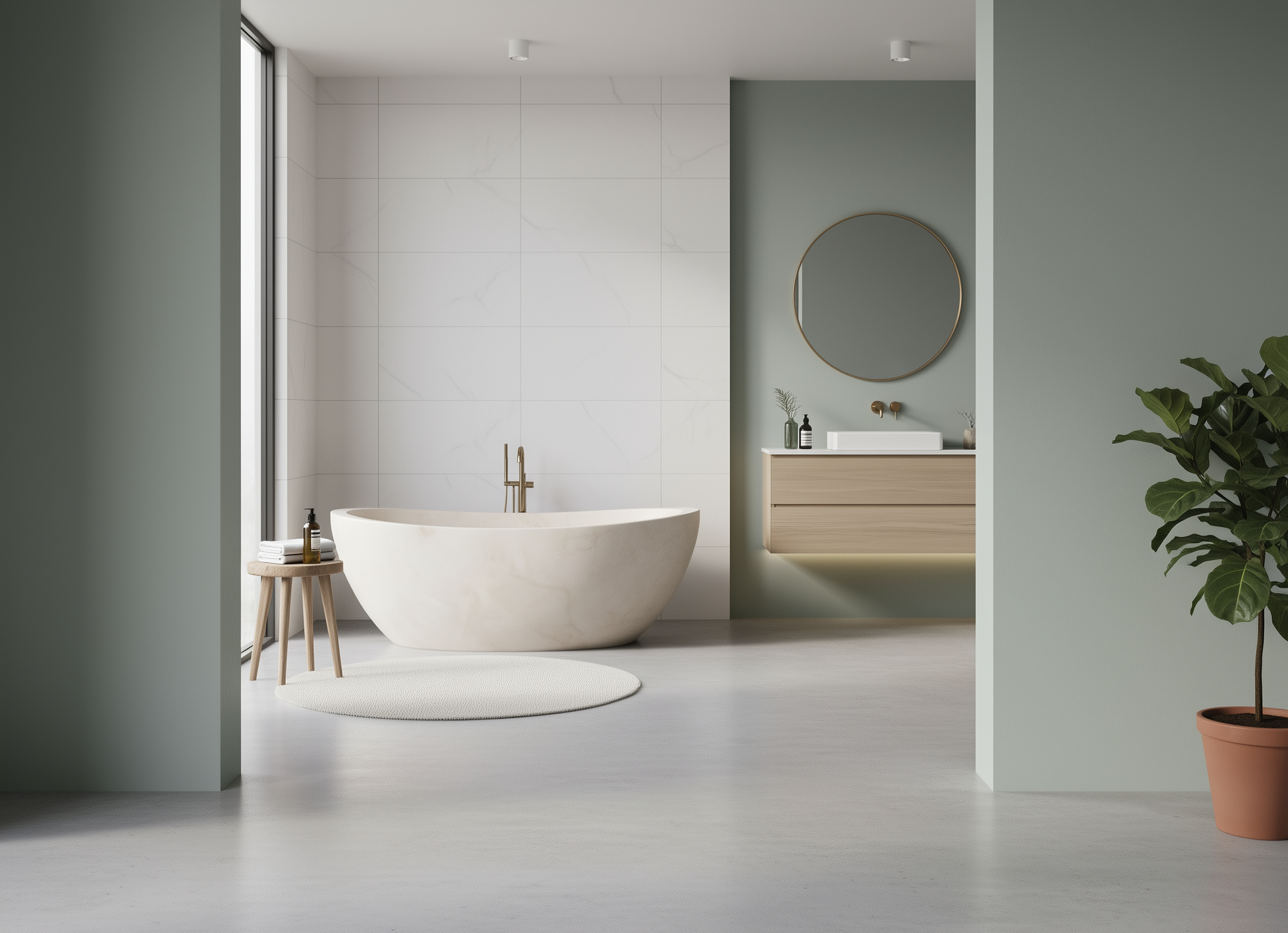 Modern bathroom with a freestanding bathtub, sink, and mirror.