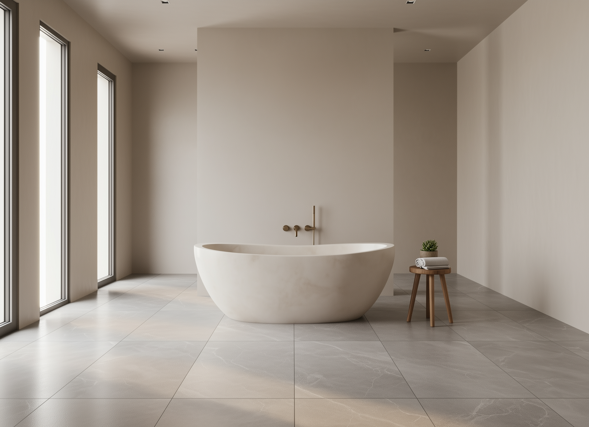 Modern bathroom with a freestanding bathtub and minimal decor.