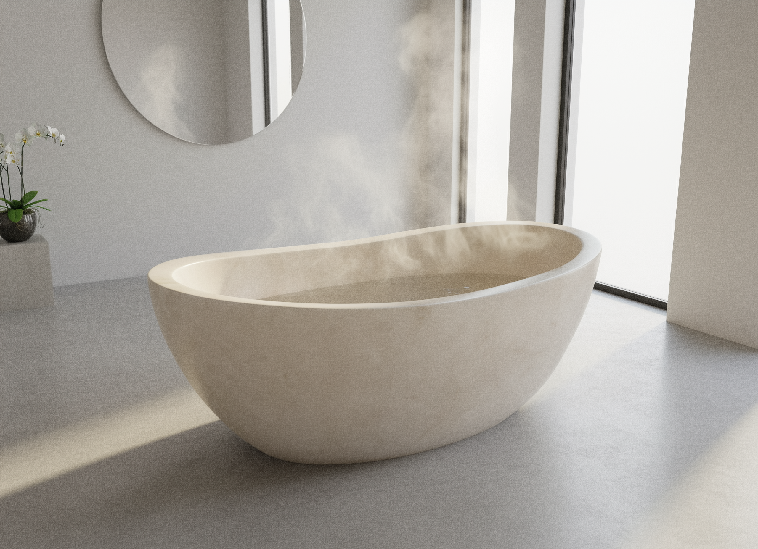 Beige freestanding bathtub in a modern bathroom setting