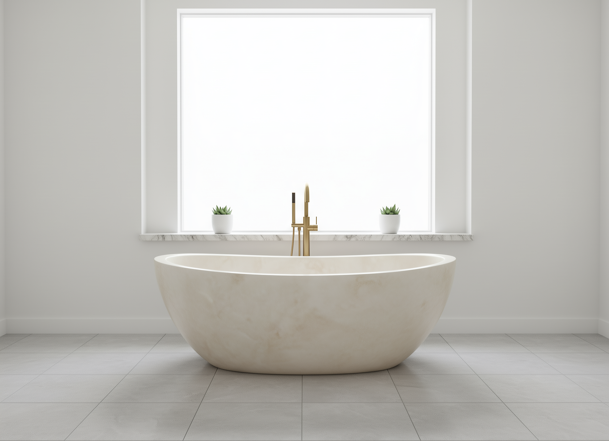 Modern freestanding bathtub in a minimalistic bathroom with a window and plants.