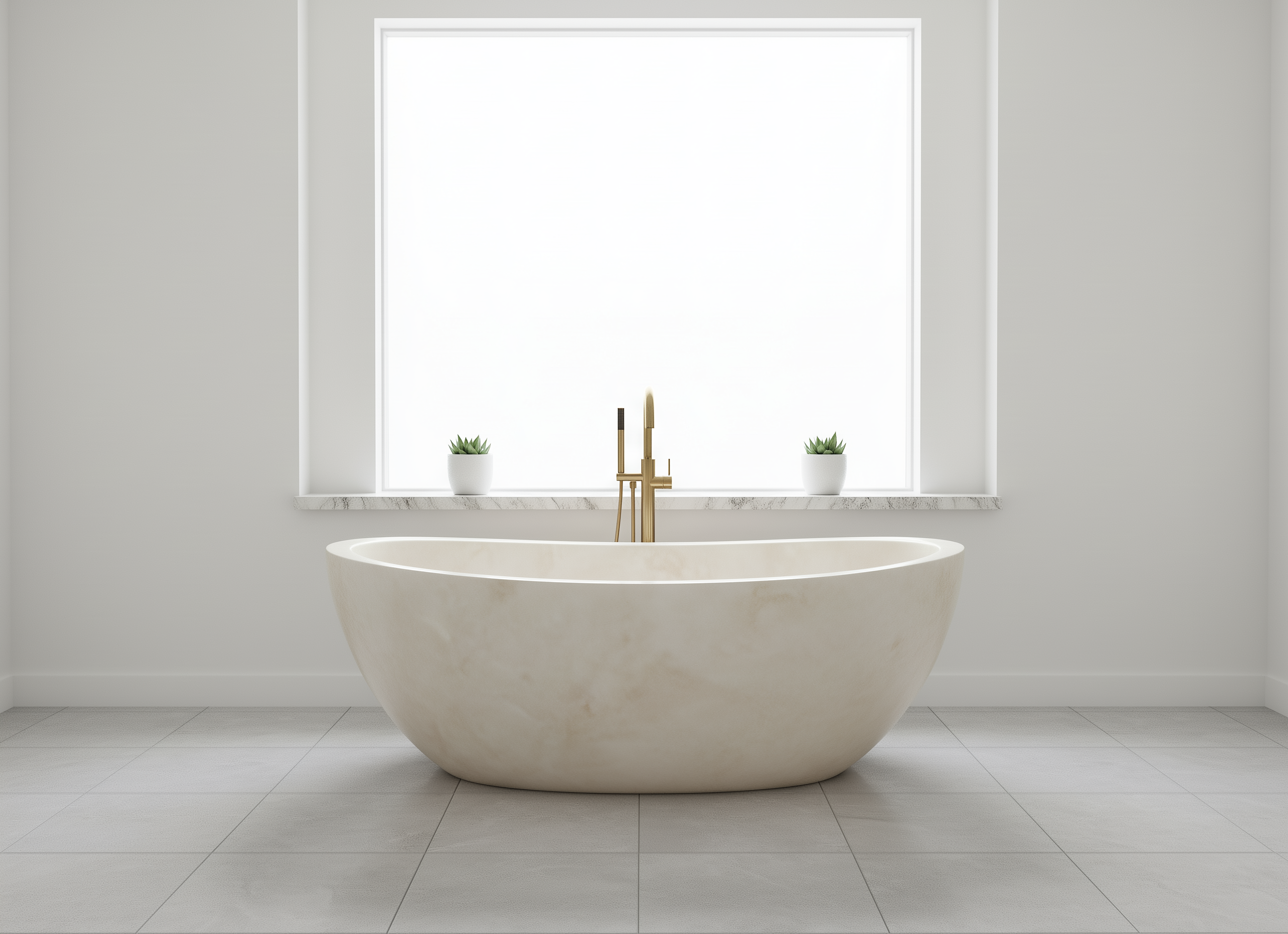 Modern freestanding bathtub in a minimalistic bathroom with a window and plants.