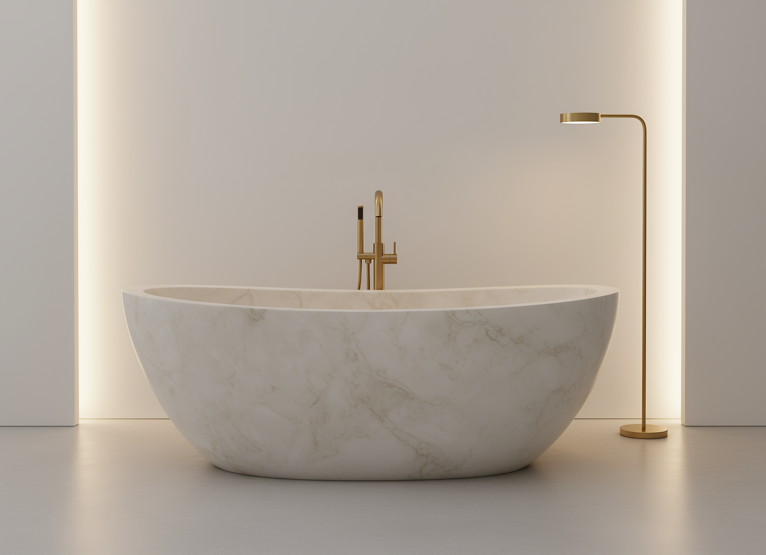 Crema White marble freestanding bath carved from natural cream-toned marble