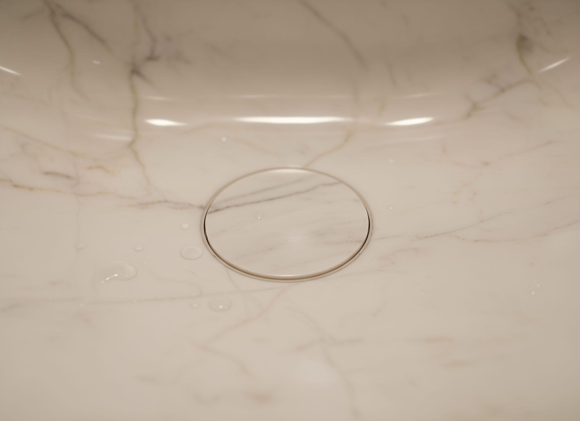 Round metallic object on a marble surface
