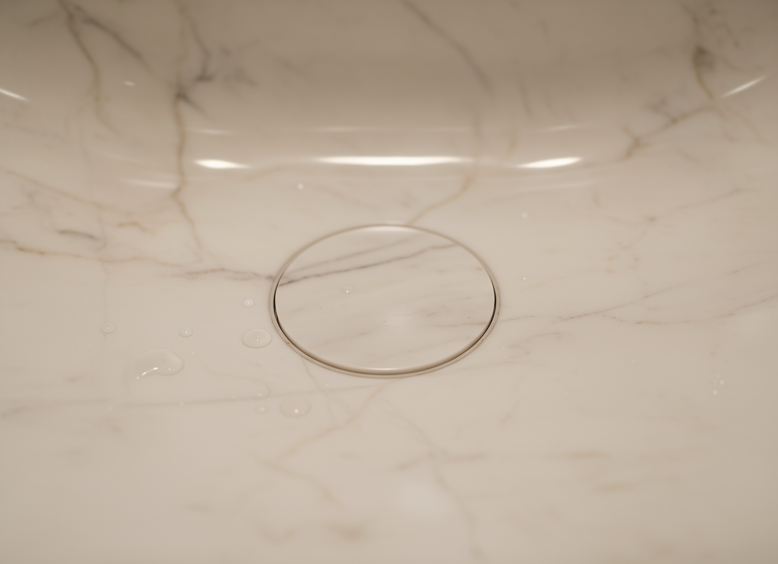 Round metallic object on a marble surface