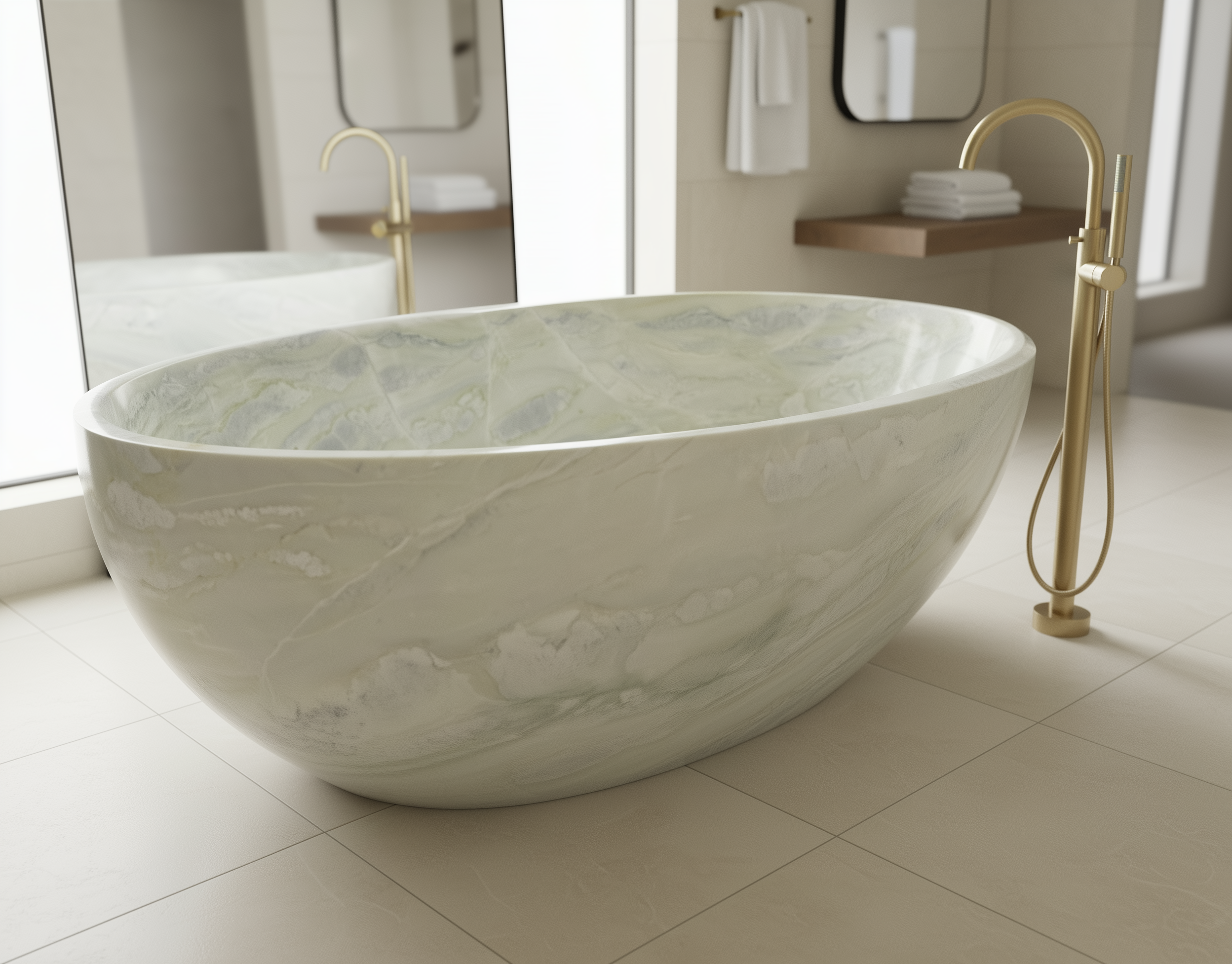 Marble-patterned freestanding bathtub in a modern bathroom with gold fixtures.