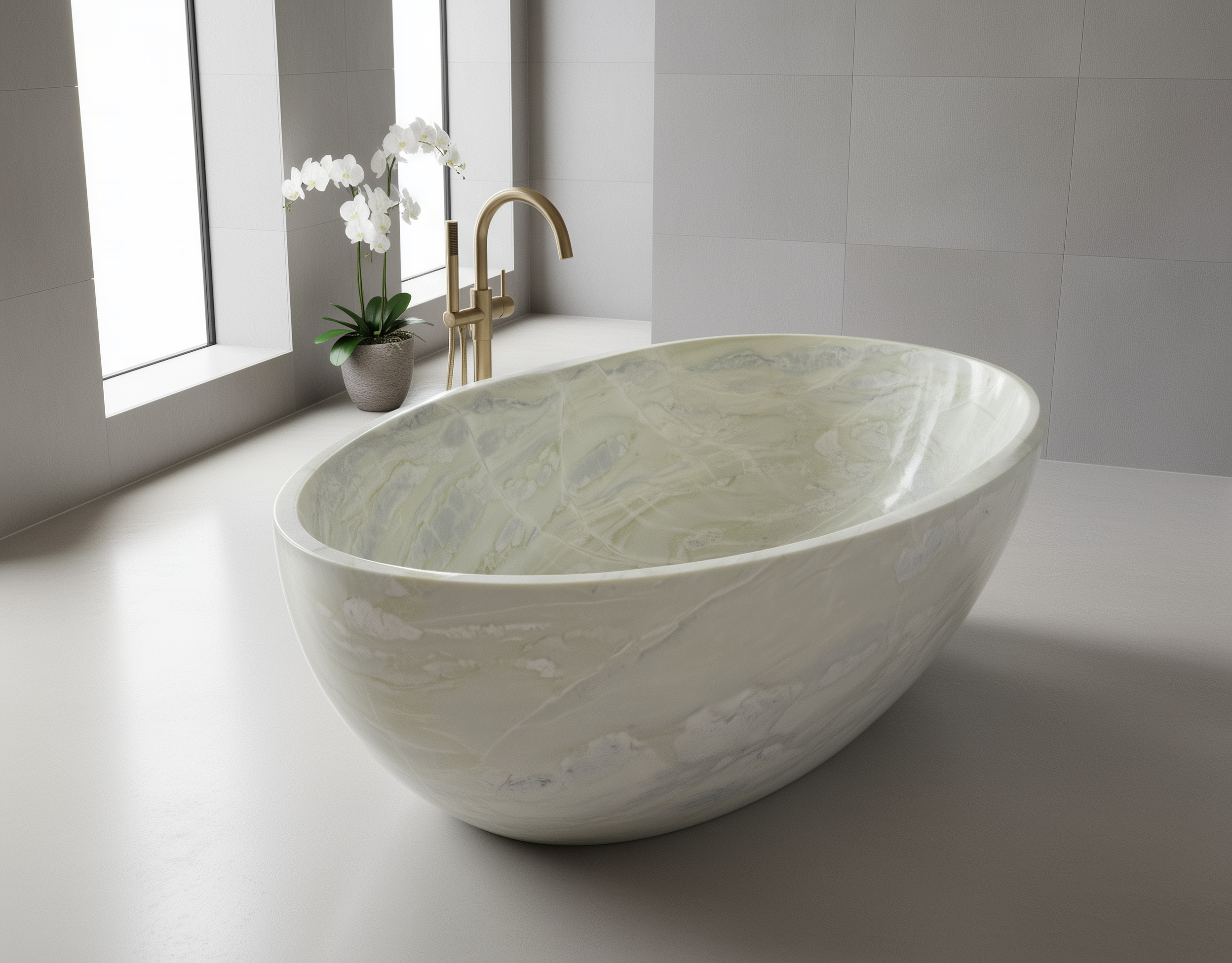 Marble-patterned freestanding bathtub in a modern bathroom with a window and decorative elements.