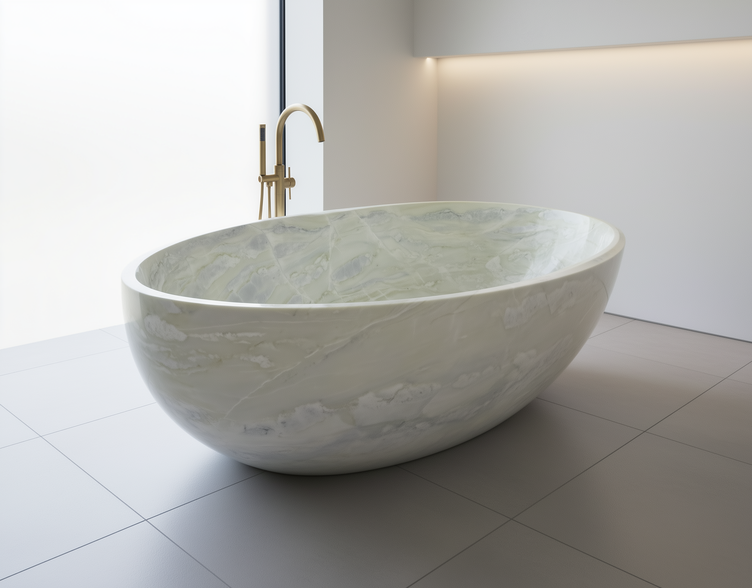 Marble-patterned freestanding bathtub in a modern bathroom setting