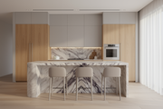 Calacatta Viola marble kitchen island with curved design and bold violet veining
