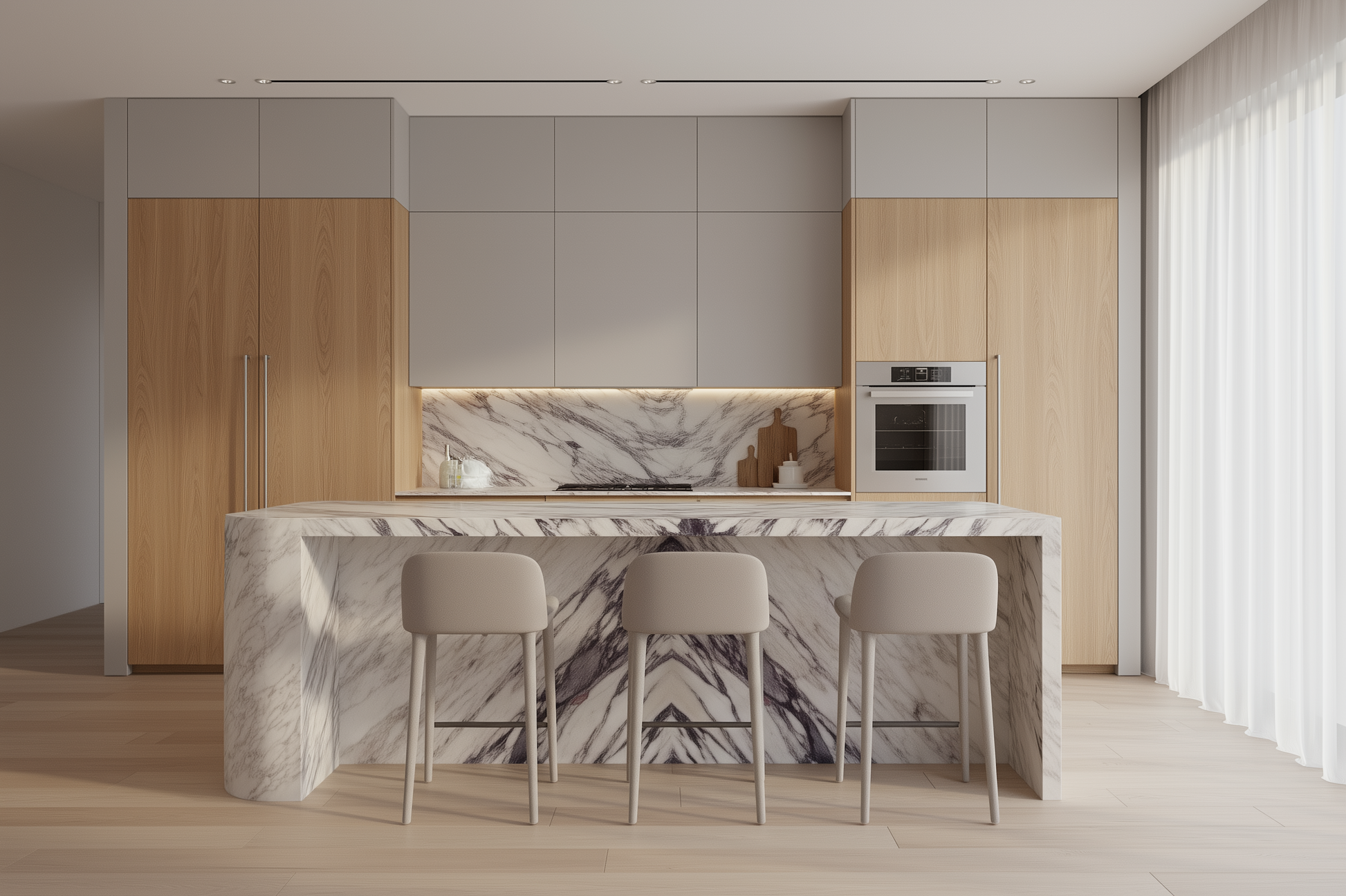 Calacatta Viola marble kitchen island with curved design and bold violet veining