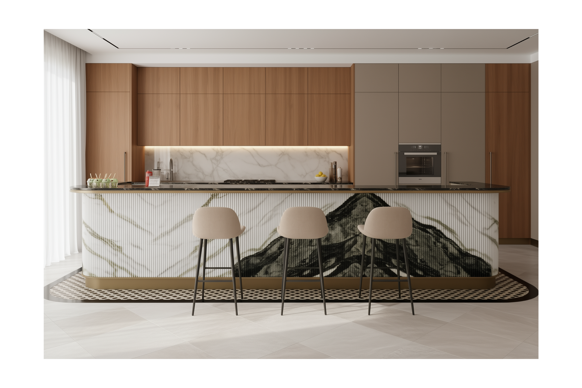 Ice Green marble kitchen island with fluted curved design and seating area