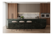 Verde Alpi marble kitchen island with deep green veining and angular design