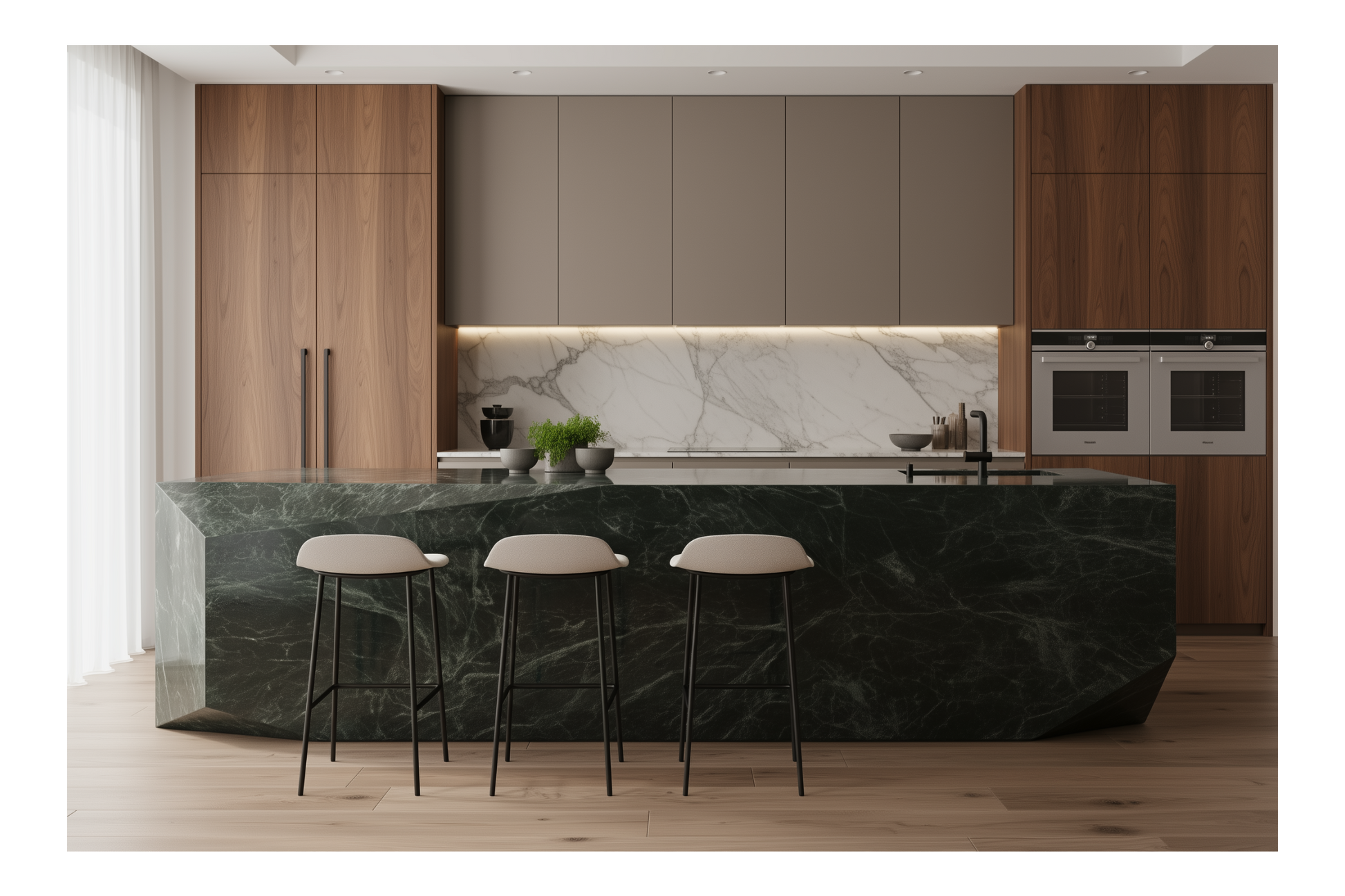 Verde Alpi marble kitchen island with deep green veining and angular design