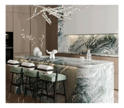 Victoria Green marble kitchen island with fluted design and seating overhang