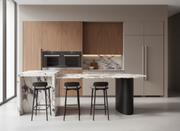 Calacatta Viola marble kitchen island with oval overhang and seating area