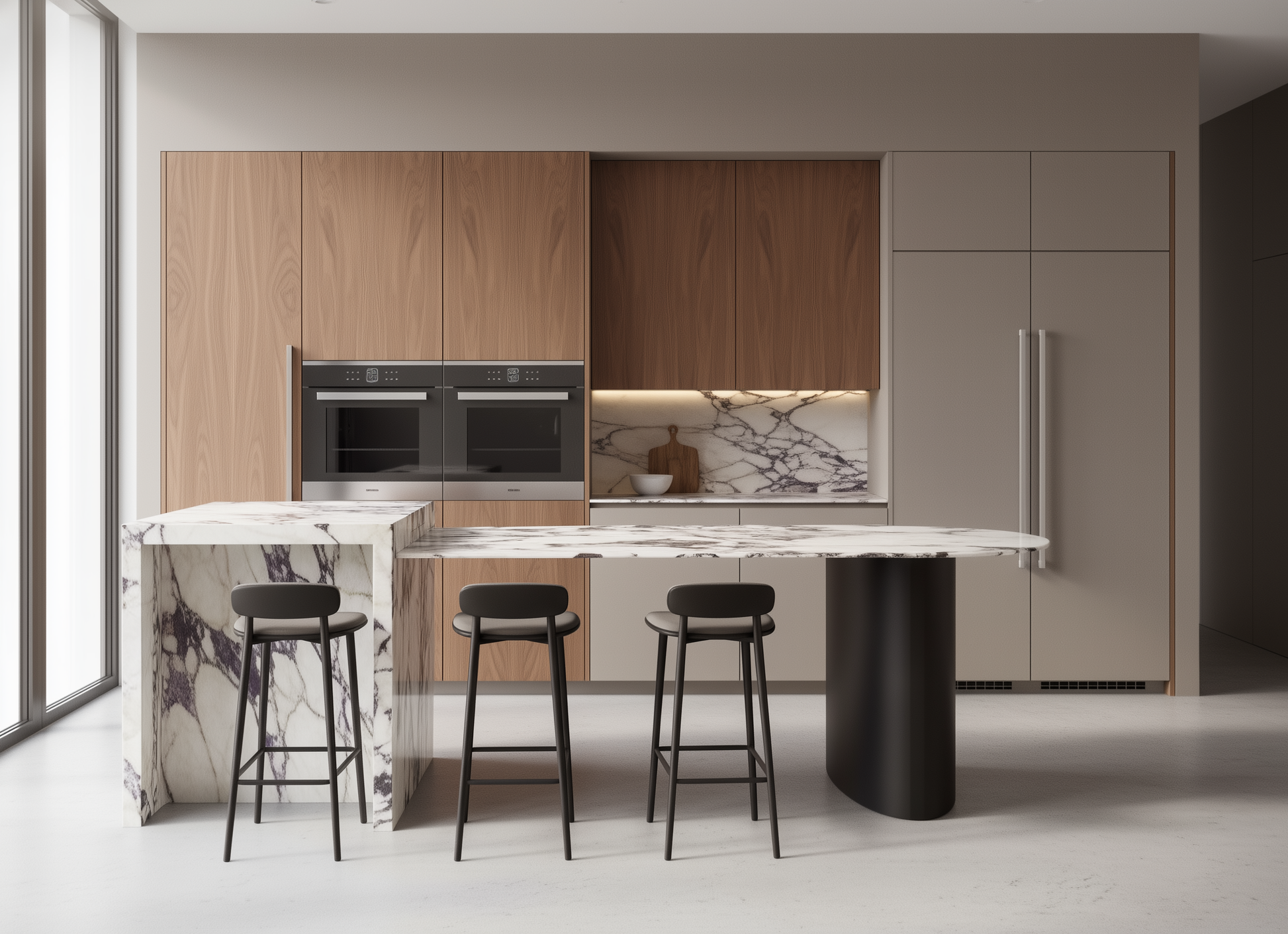 Calacatta Viola marble kitchen island with oval overhang and seating area