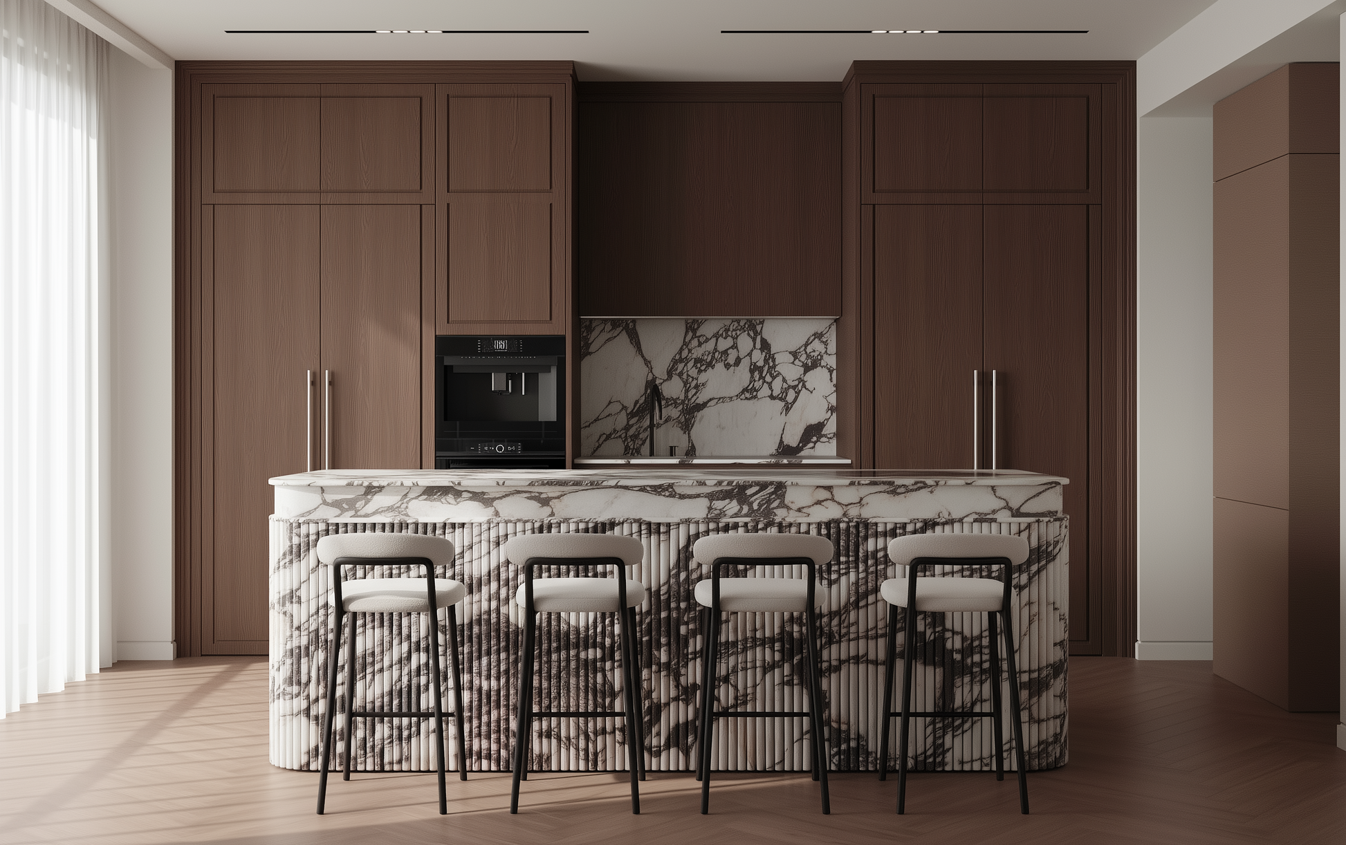 Calacatta Viola marble kitchen island with fluted detailing and curved edges