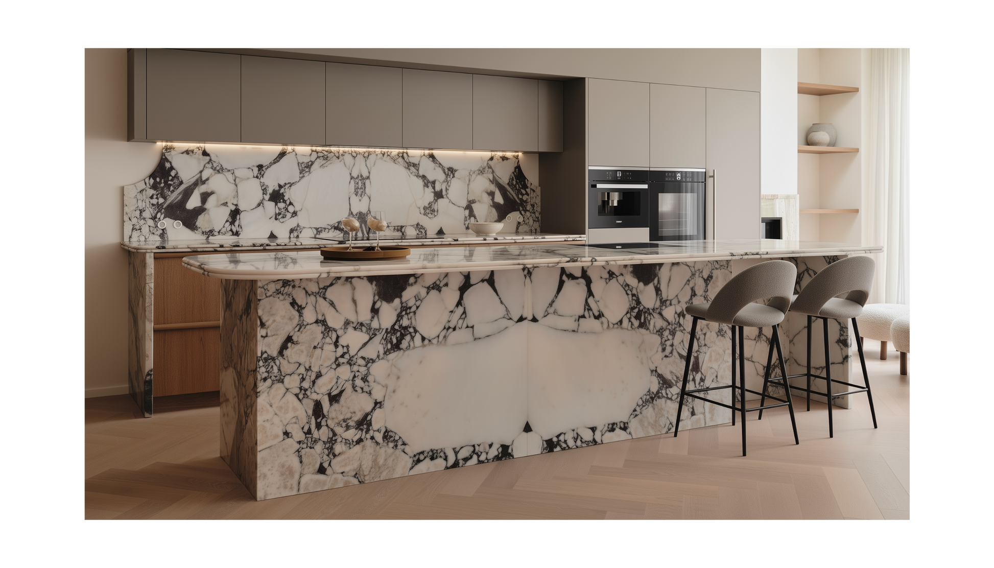 Calacatta Viola marble kitchen island with bold violet veining in modern kitchen