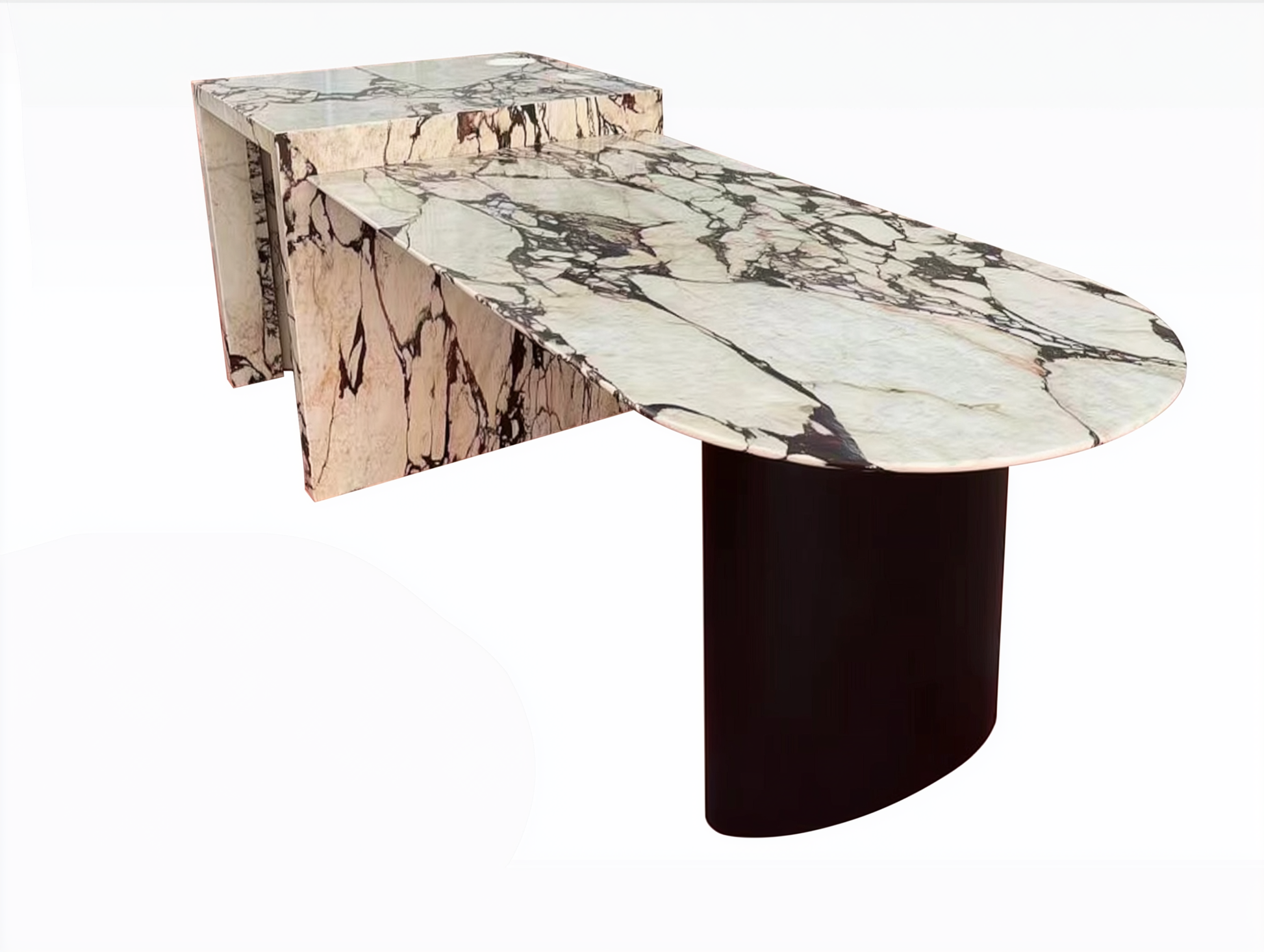 Calacatta Viola marble kitchen island with oval overhang on white background.