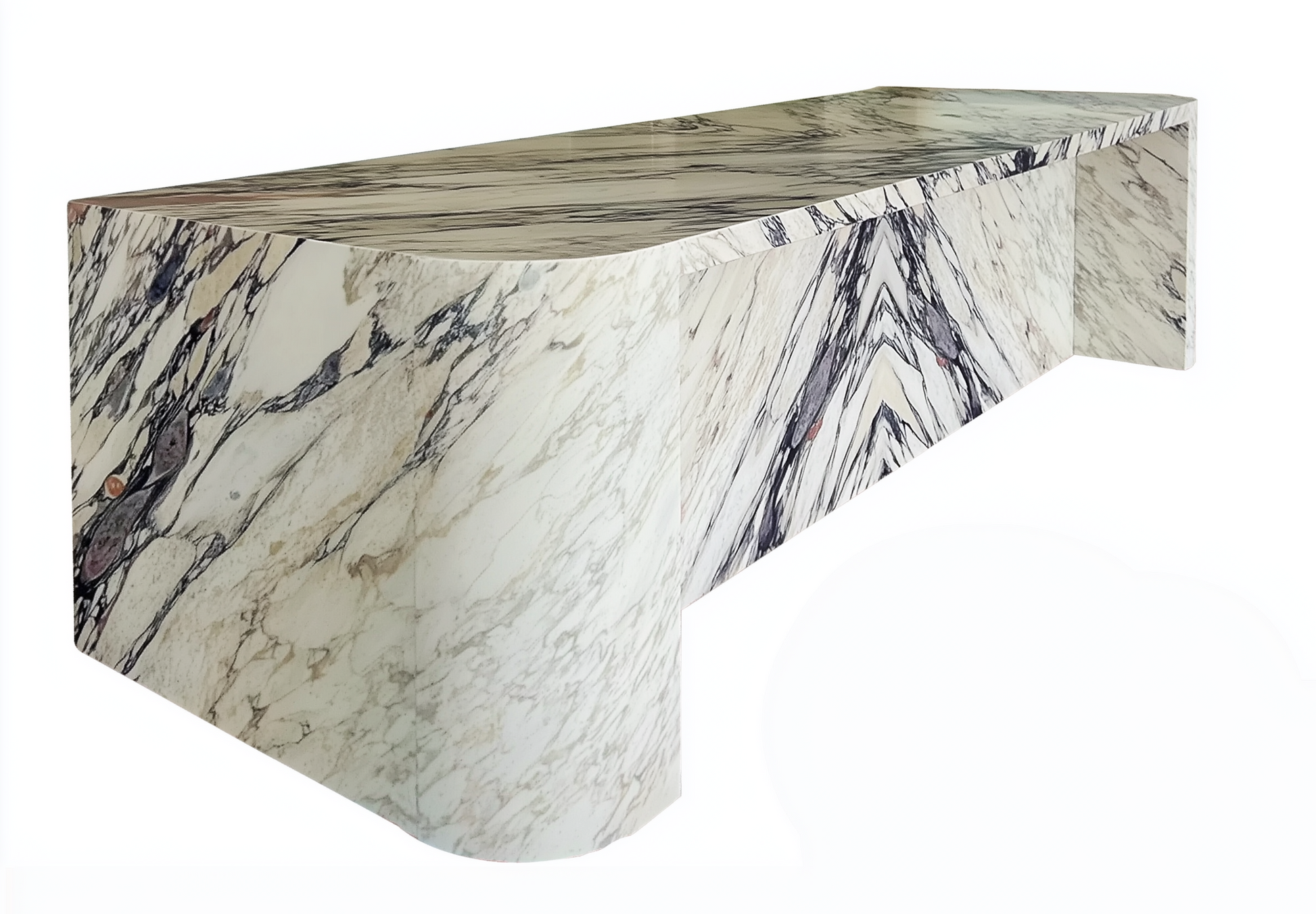 Calacatta Viola marble kitchen island with curved design and bold violet veining on white background.