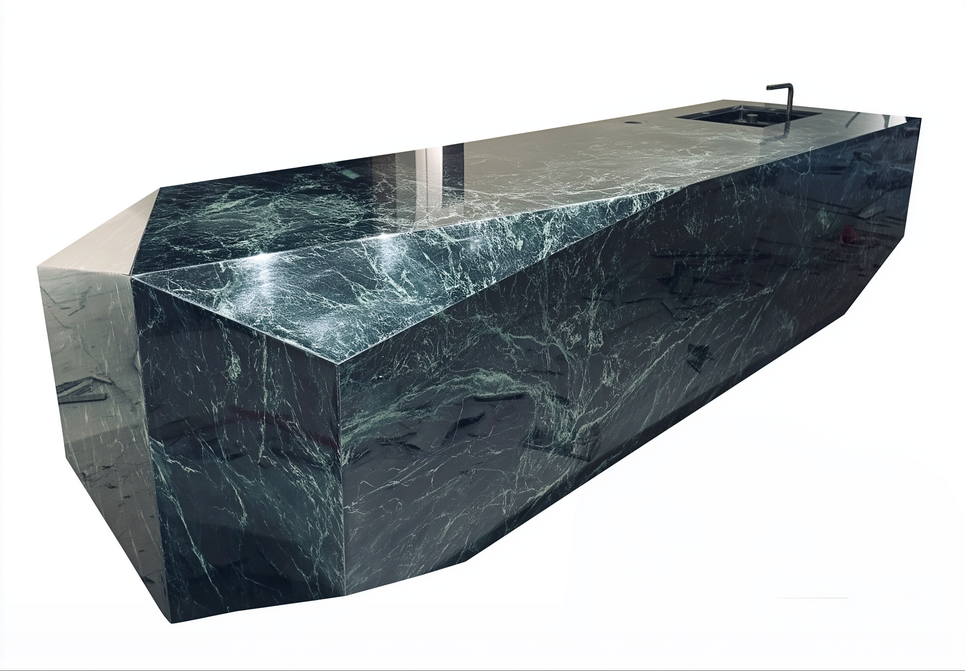 Verde Alpi marble kitchen island with deep green veining and angular design on a white background