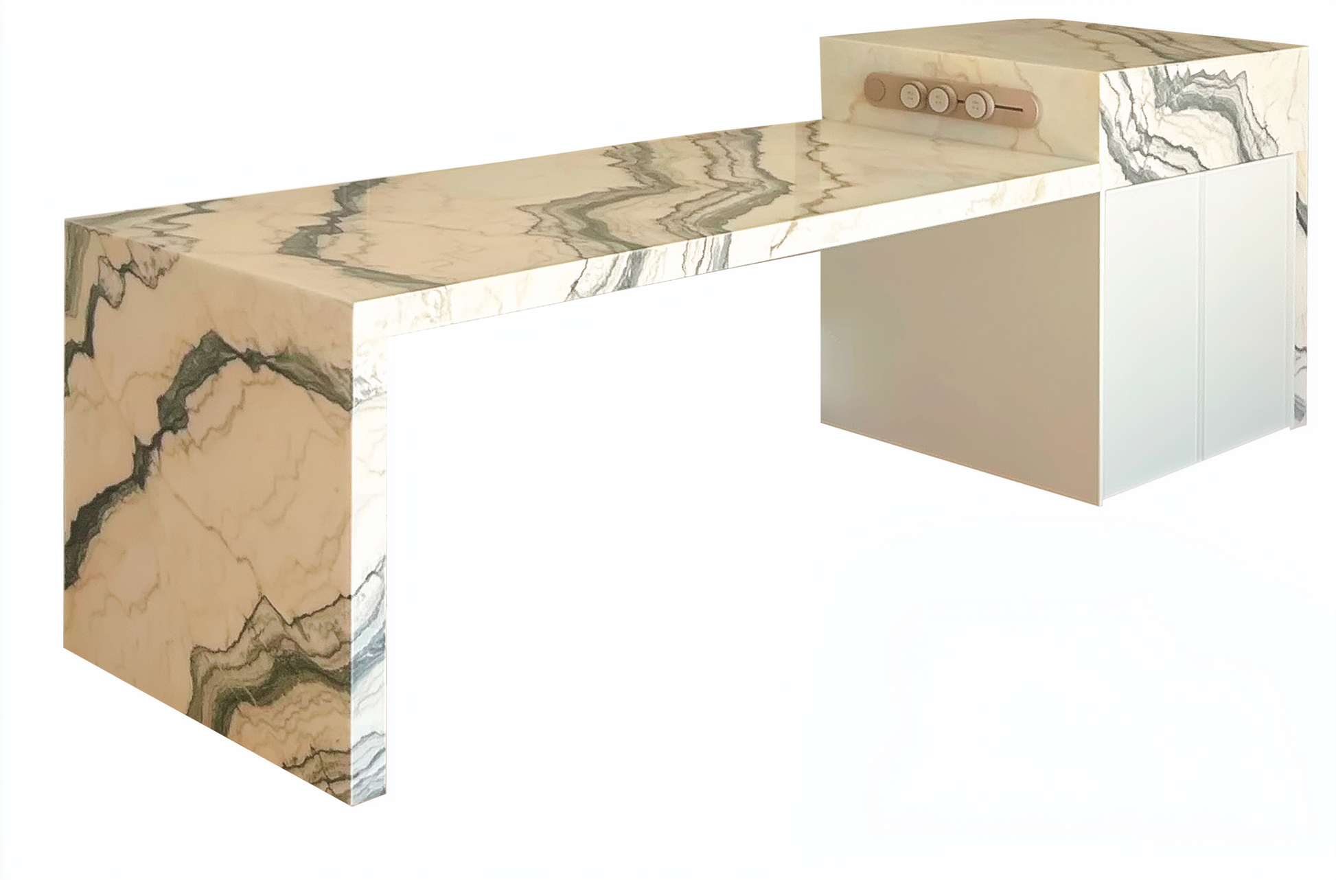 Rosa Portugallo marble kitchen island with warm beige tones and sculptural form on white background.