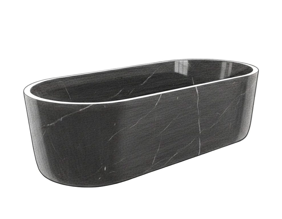 Black marble freestanding bathtub on a white background