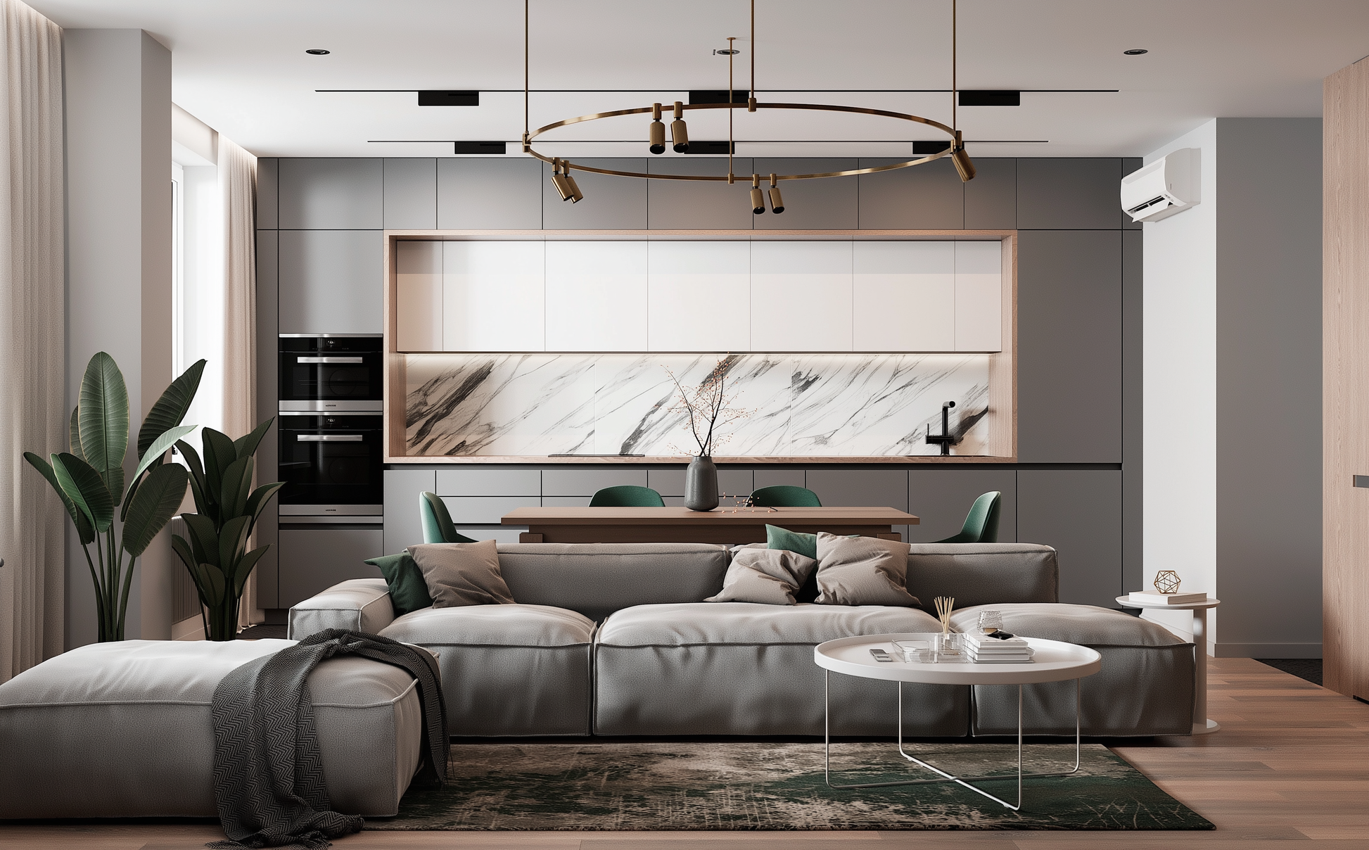 Modern living room with a gray sectional sofa, coffee table, and kitchen in the background.