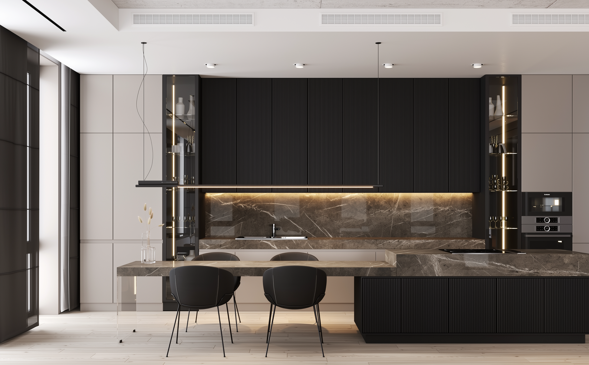 Modern kitchen with black cabinets, marble countertops, and a dining area.