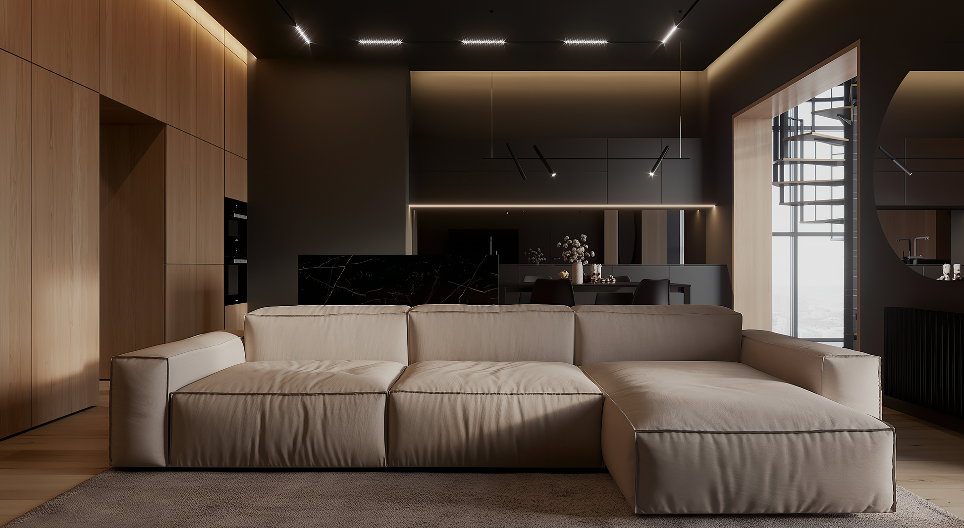 Modern living room with a beige sectional sofa and stylish decor.