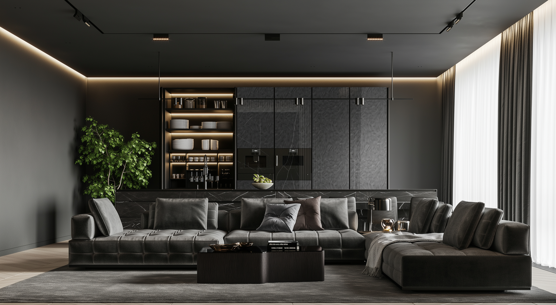 Modern living room with a large gray sectional sofa, coffee table, and decorative elements.