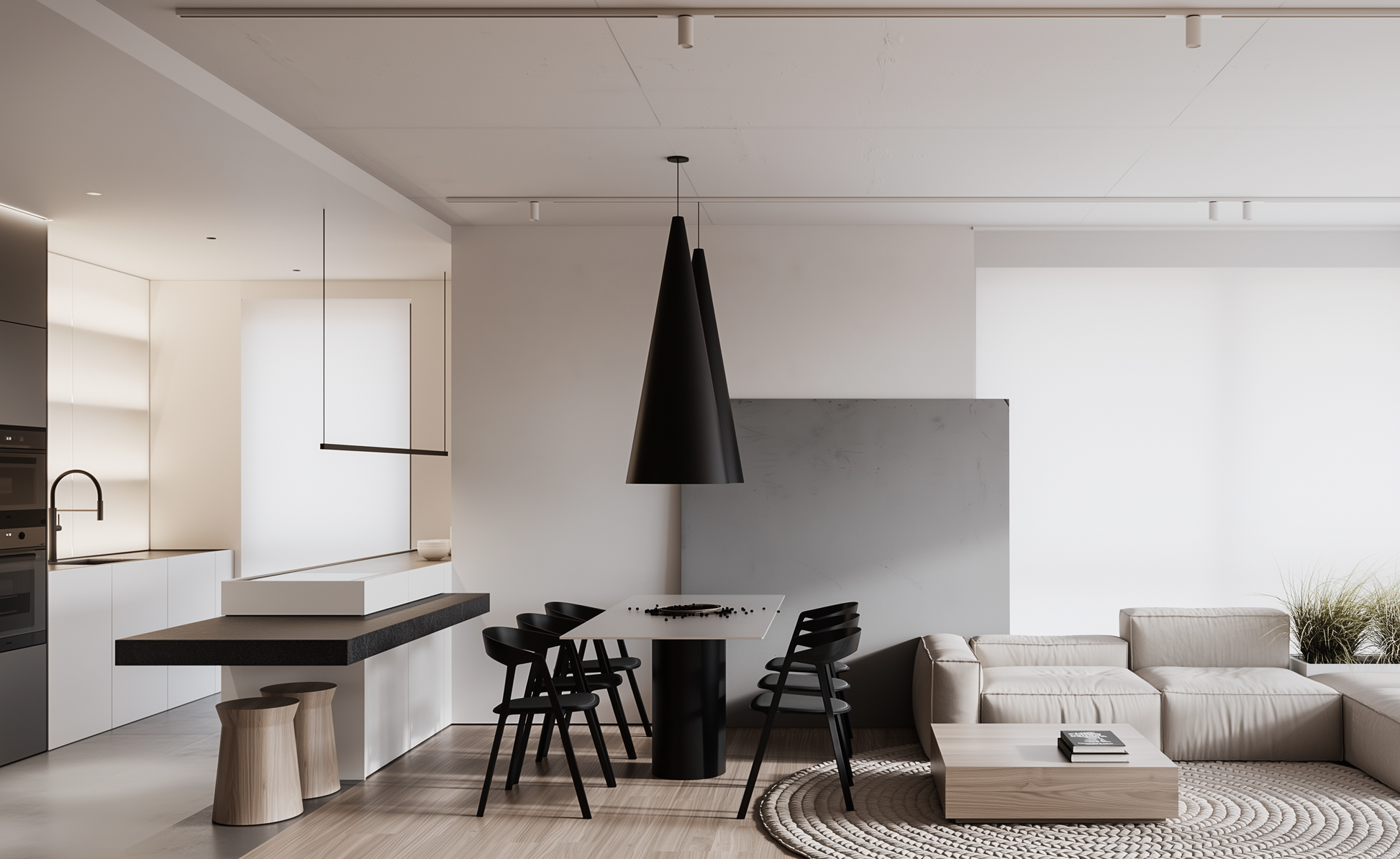 Modern living room with a kitchen in the background