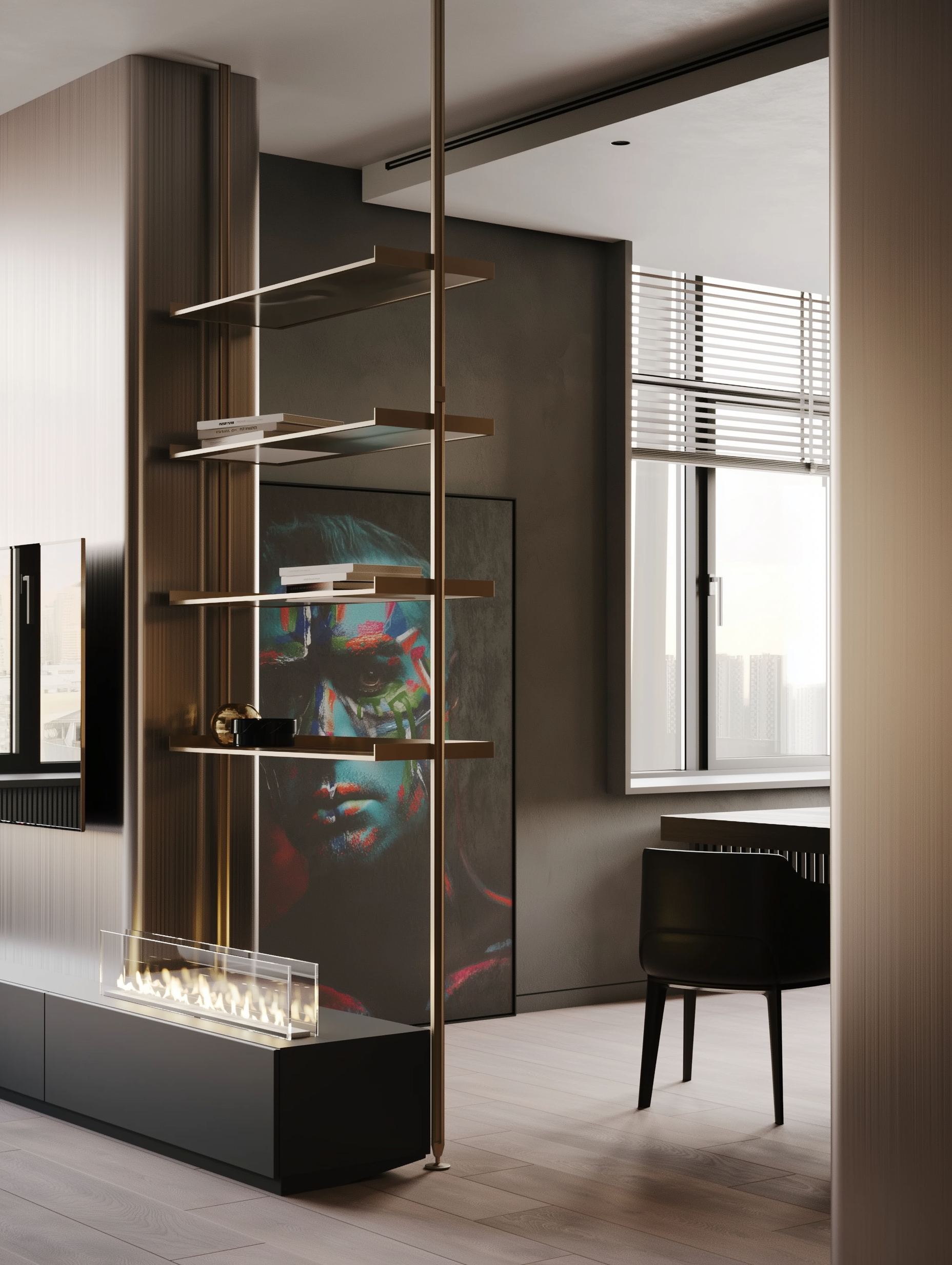 Modern interior with a glass partition, wall art, and a chair.