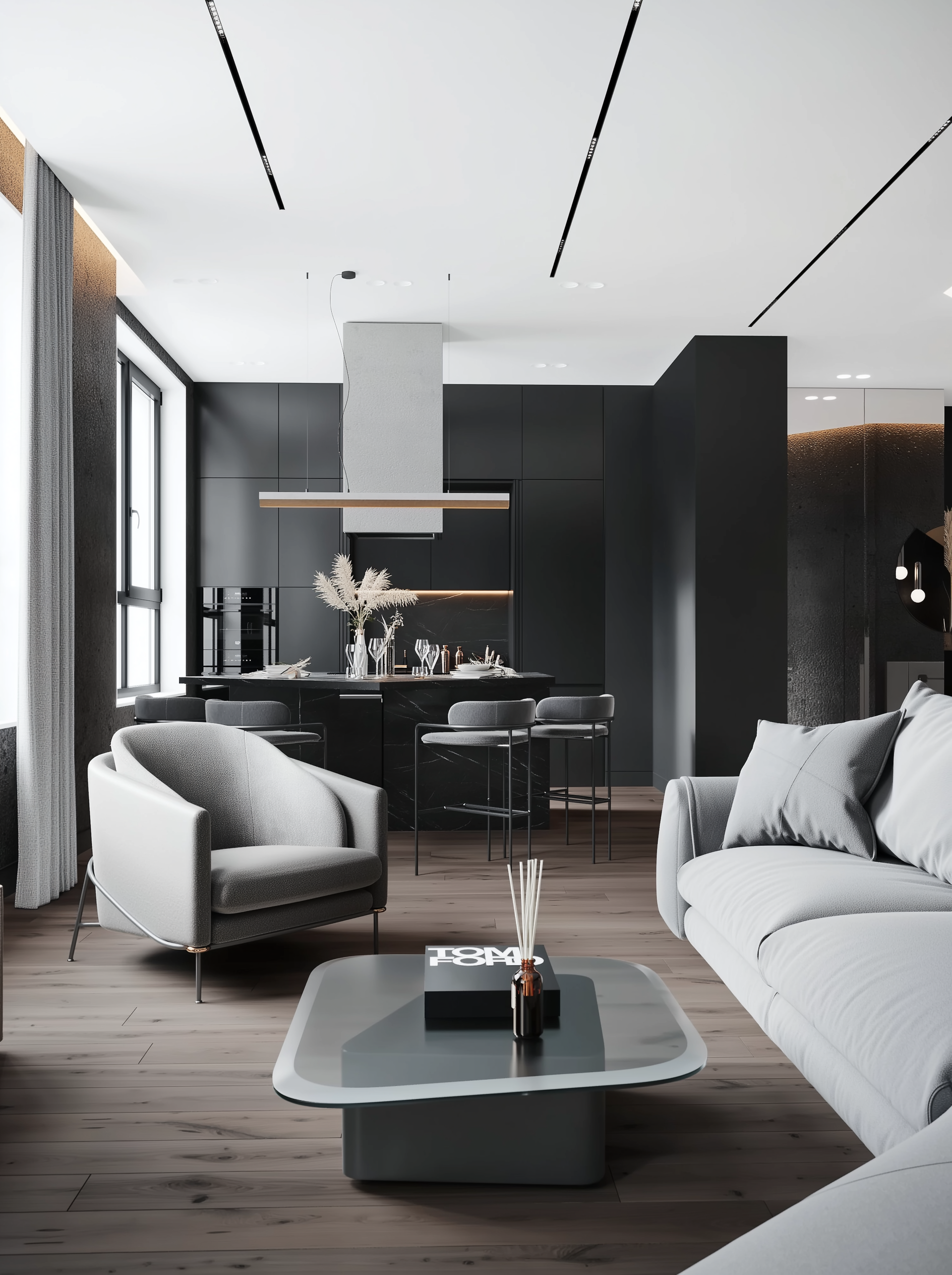 Modern living room with gray sofa, armchair, and coffee table in a stylish interior.