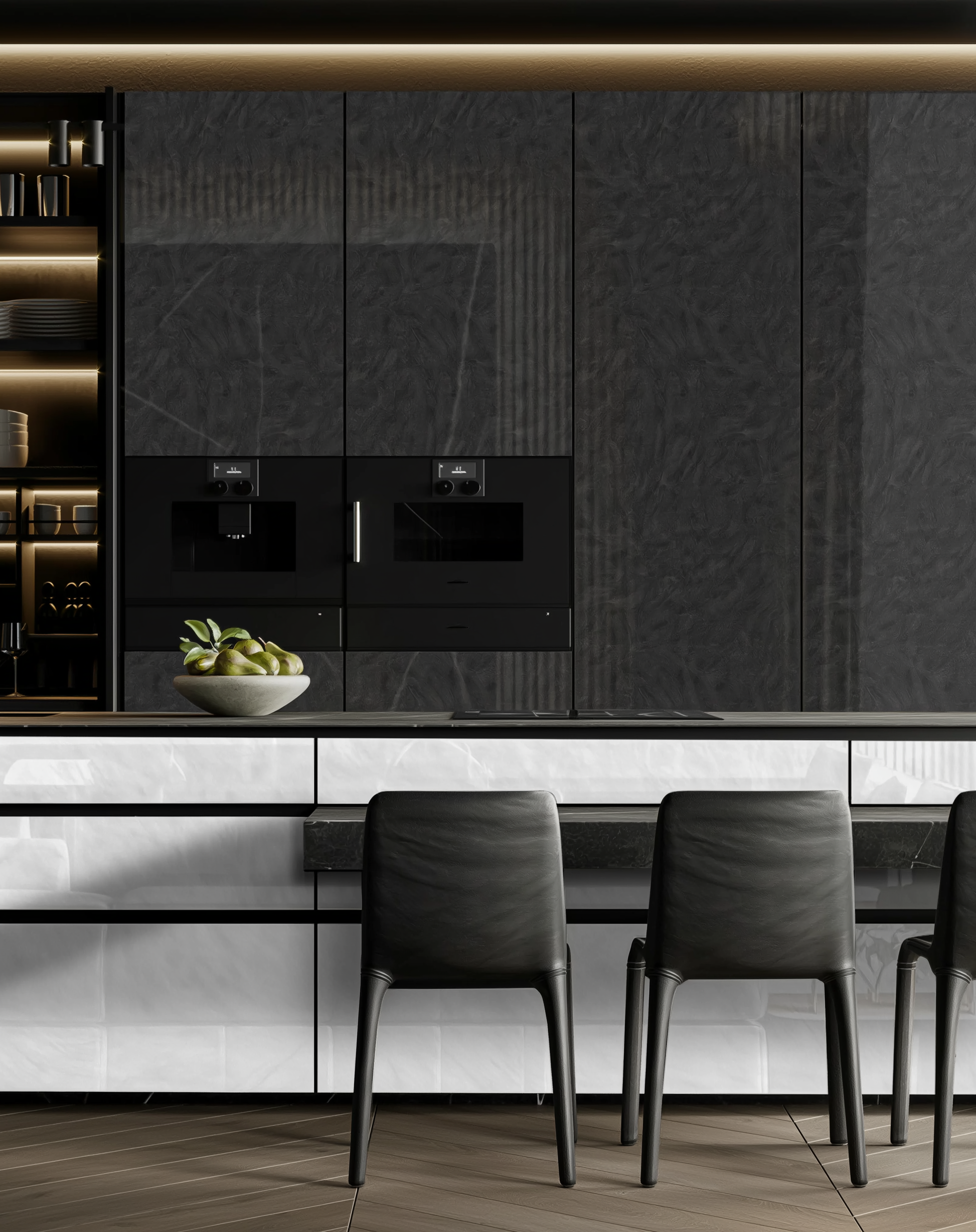 Modern kitchen with black cabinets, white countertops, and dark chairs.