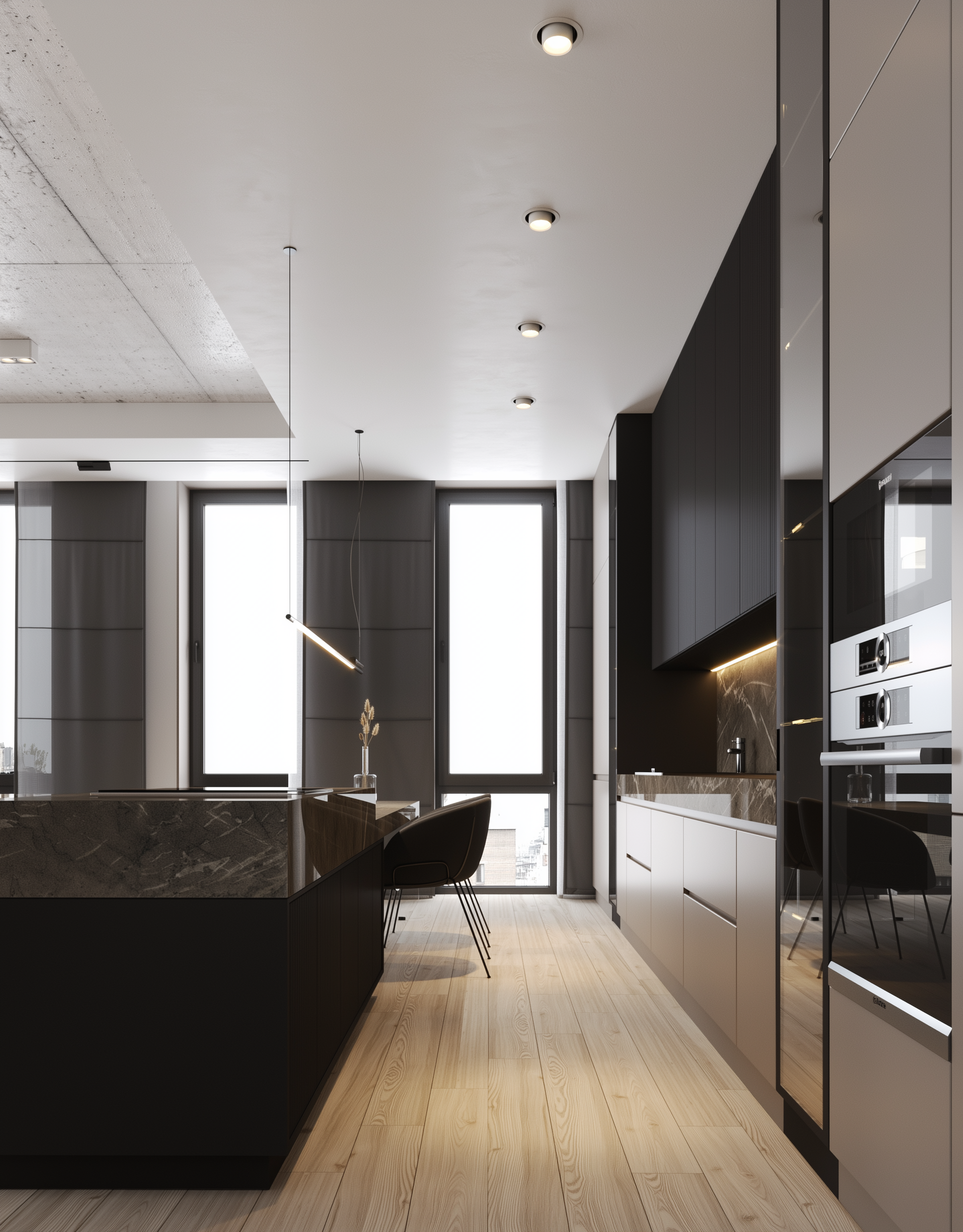 Modern kitchen with black and white design elements