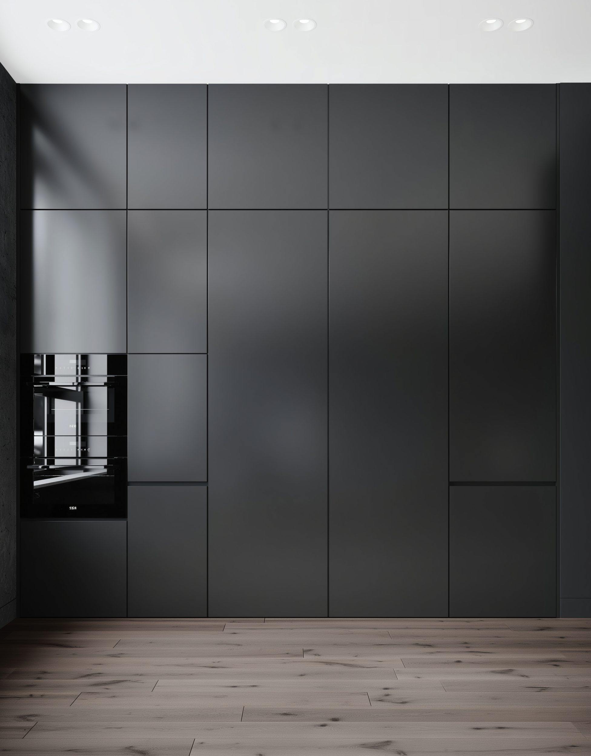 Modern kitchen with dark gray cabinets and wooden floor