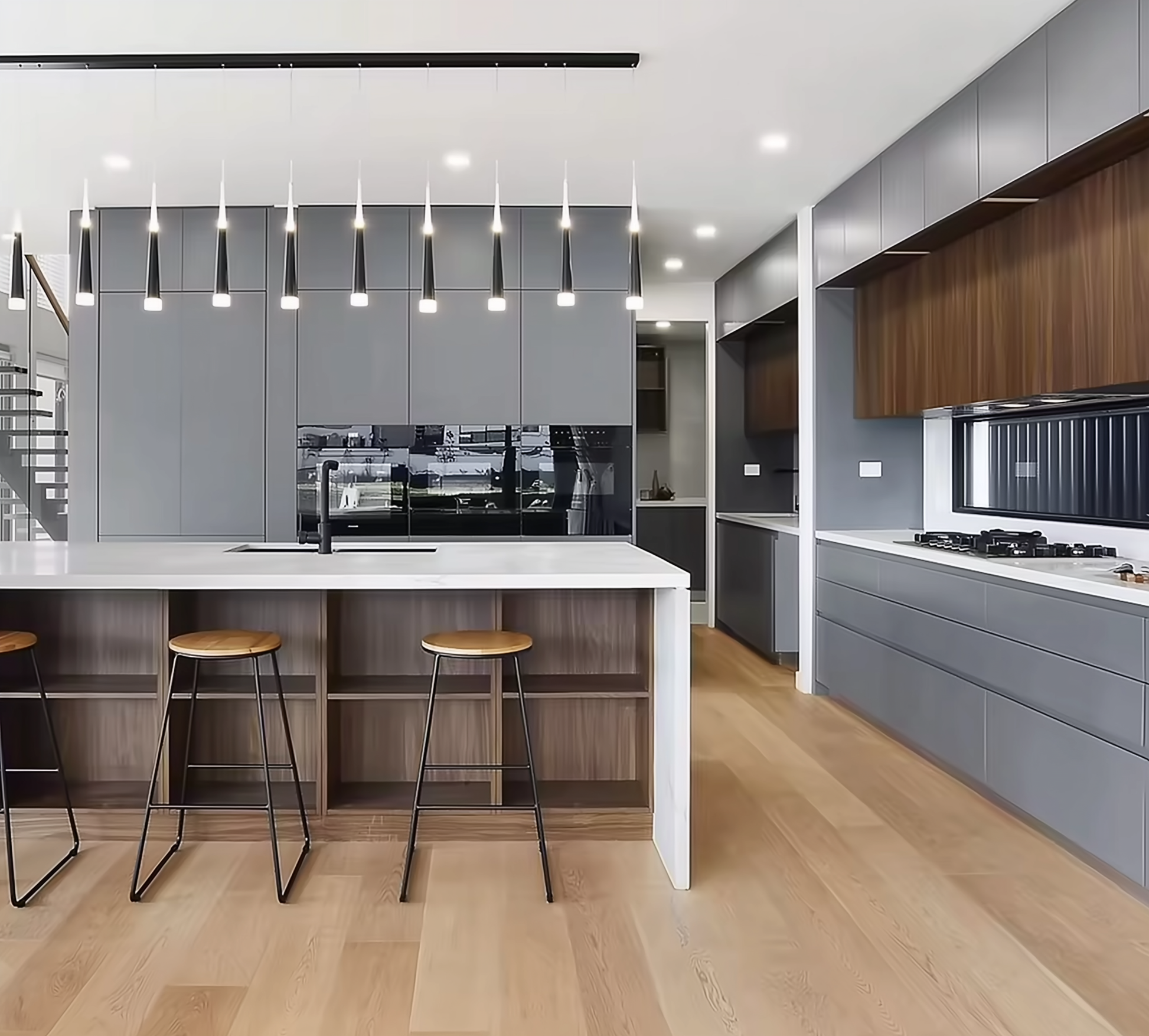 Graphite Grey & Walnut Modern Kitchen — Minimalist Luxury with Quartz Worktops