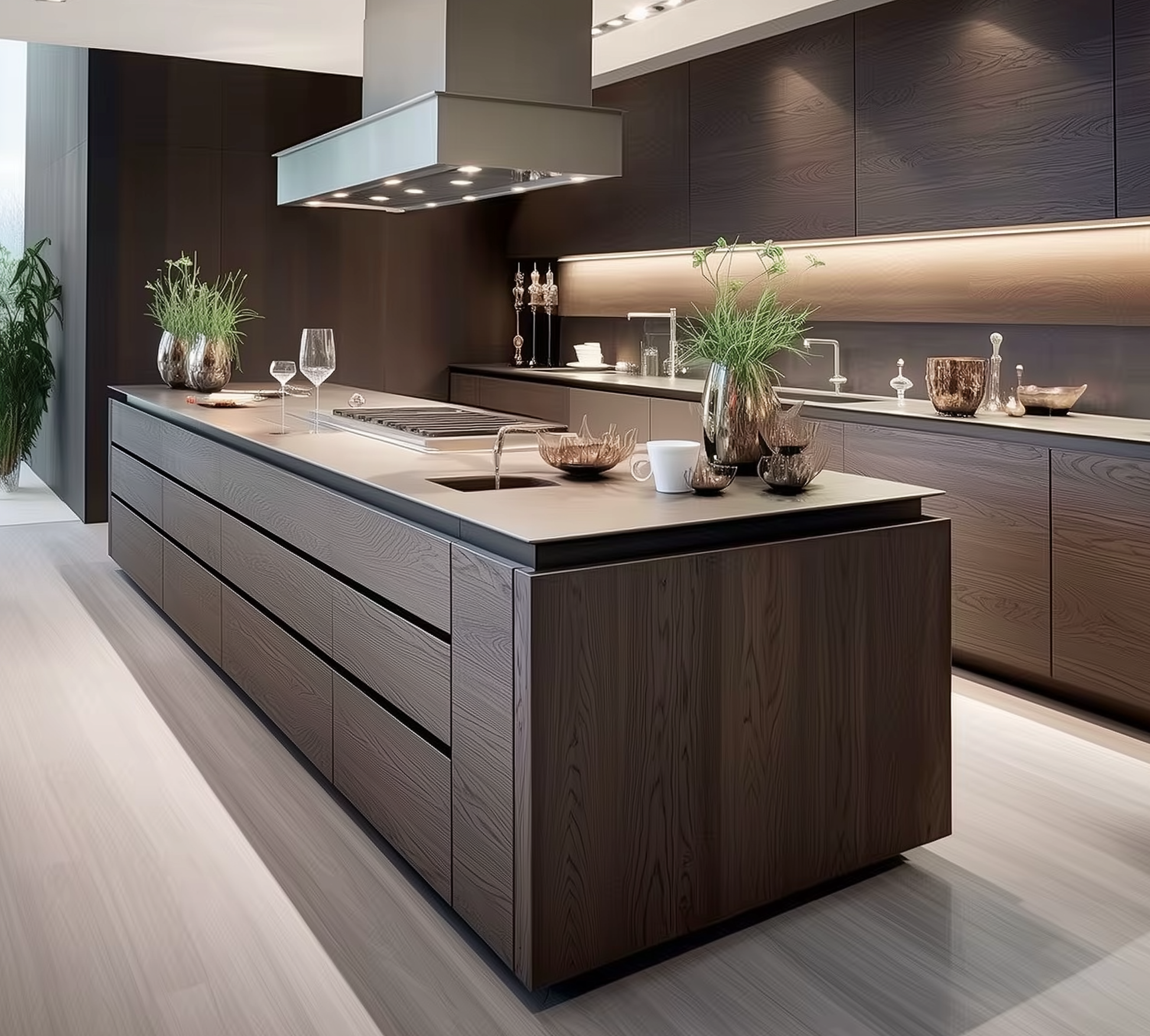 Modern luxury marble kitchen with island and stainless steel seamless cabinetry