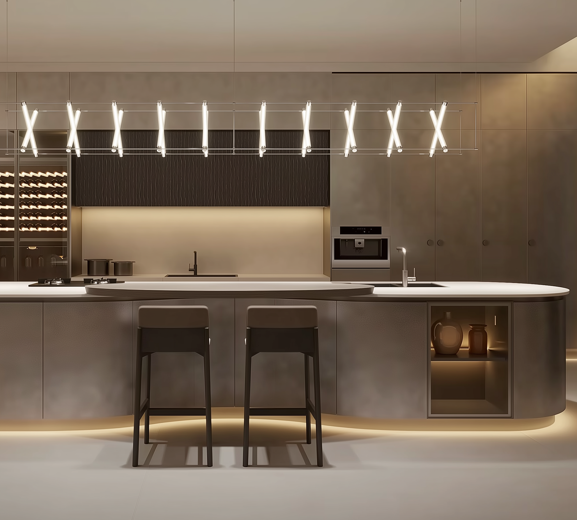 Modern kitchen with island, stools, and sleek lighting fixtures.