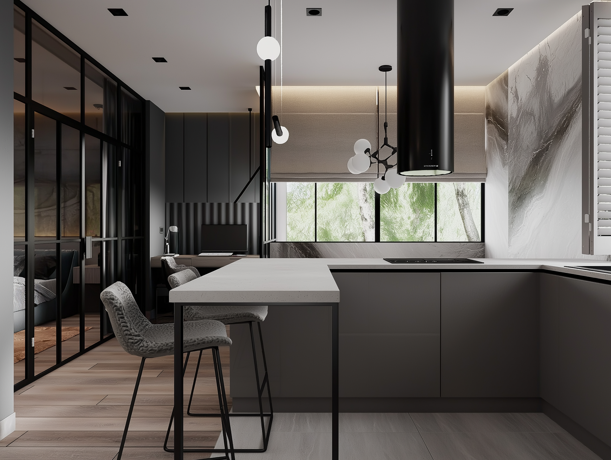 Modern kitchen with black and white design elements